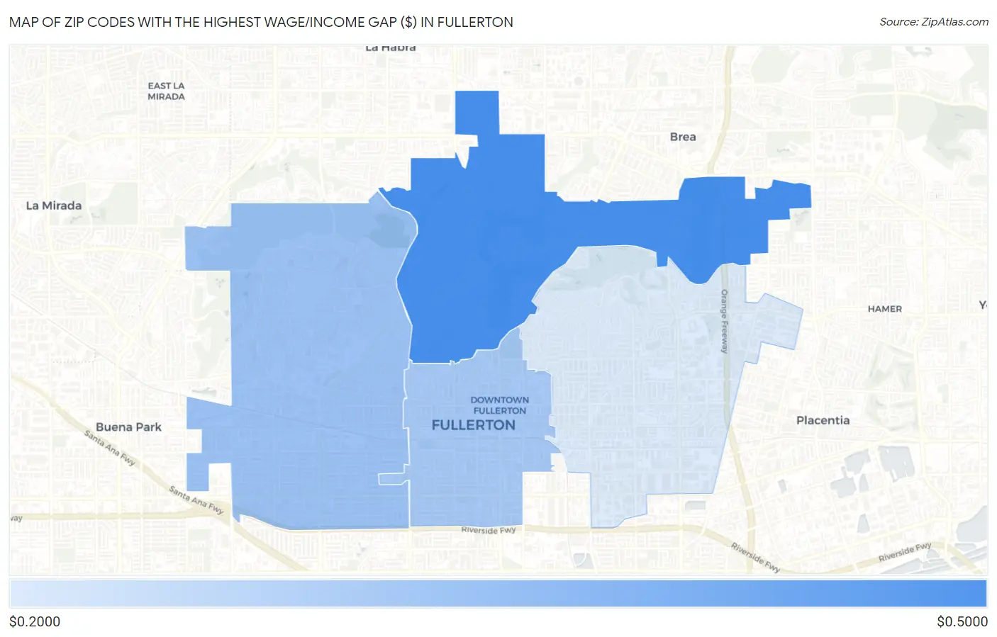 Zip Codes with the Highest Wage/Income Gap ($) in Fullerton Map