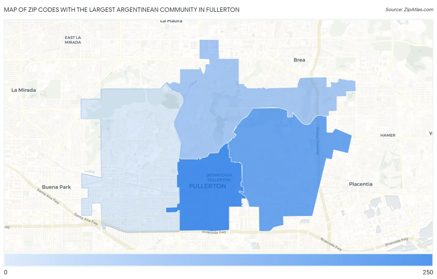 Zip Codes with the Largest Argentinean Community in Fullerton Map