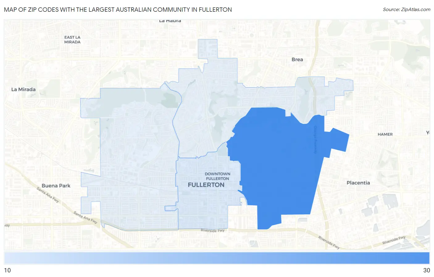 Zip Codes with the Largest Australian Community in Fullerton Map