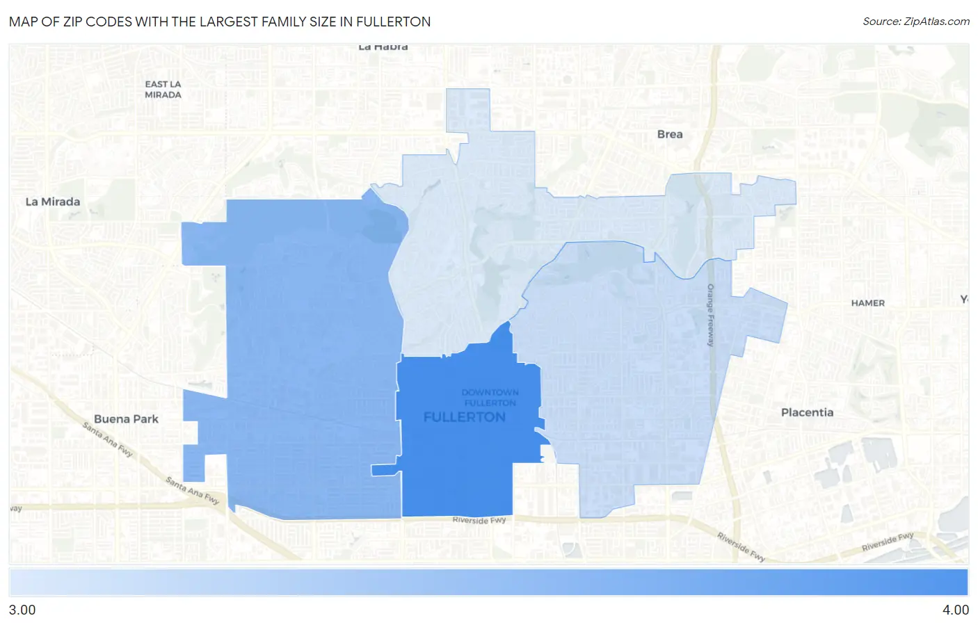 Zip Codes with the Largest Family Size in Fullerton Map