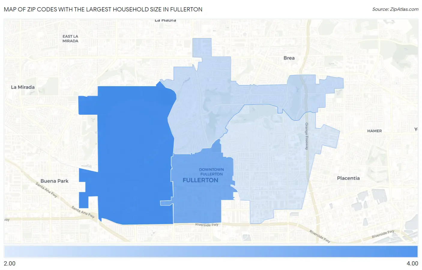 Zip Codes with the Largest Household Size in Fullerton Map