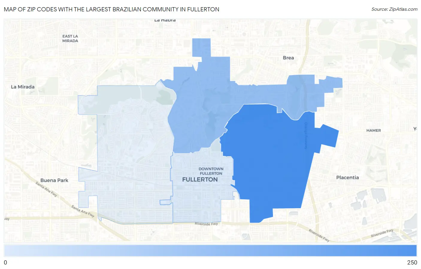 Zip Codes with the Largest Brazilian Community in Fullerton Map