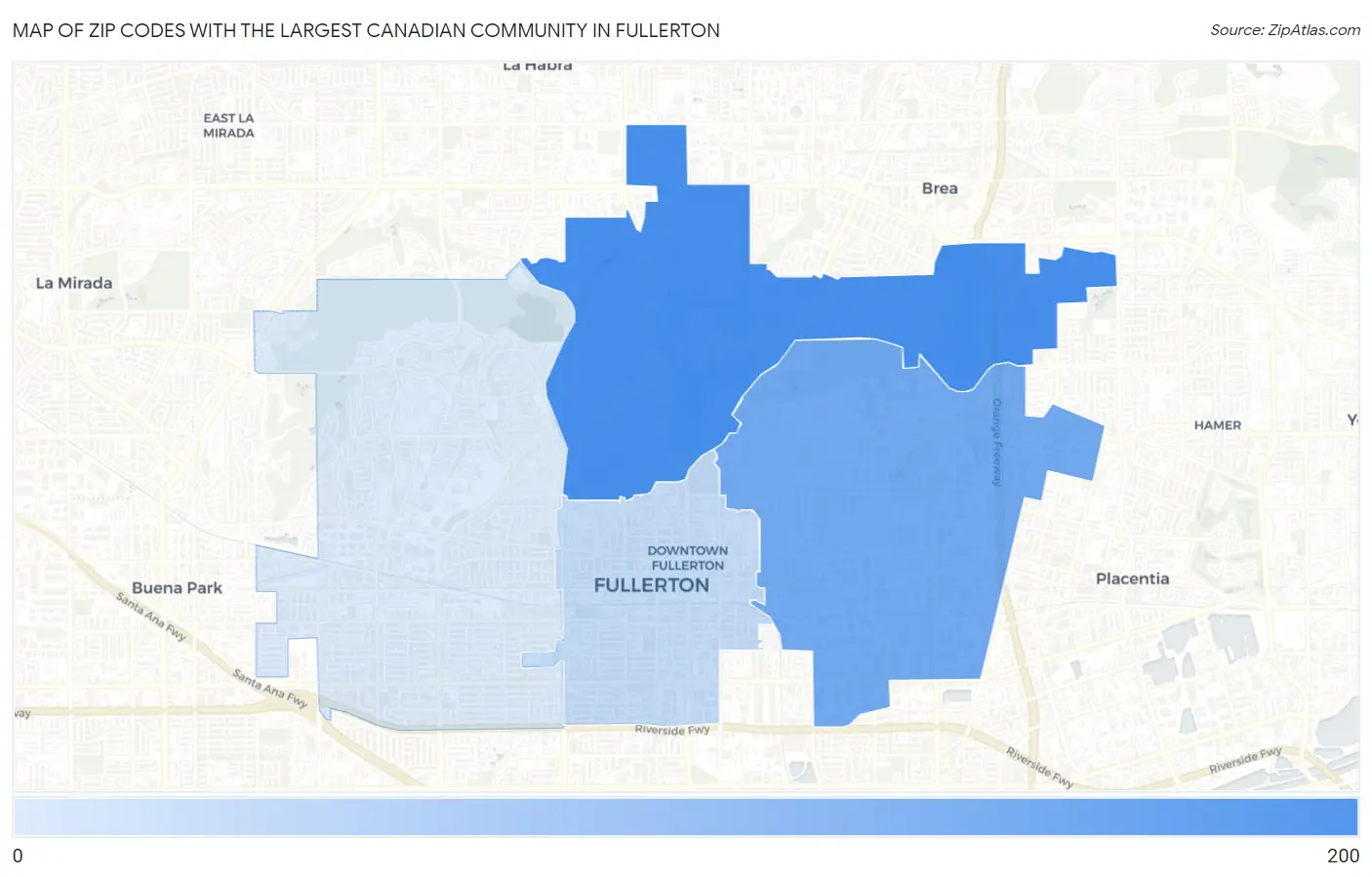 Zip Codes with the Largest Canadian Community in Fullerton Map