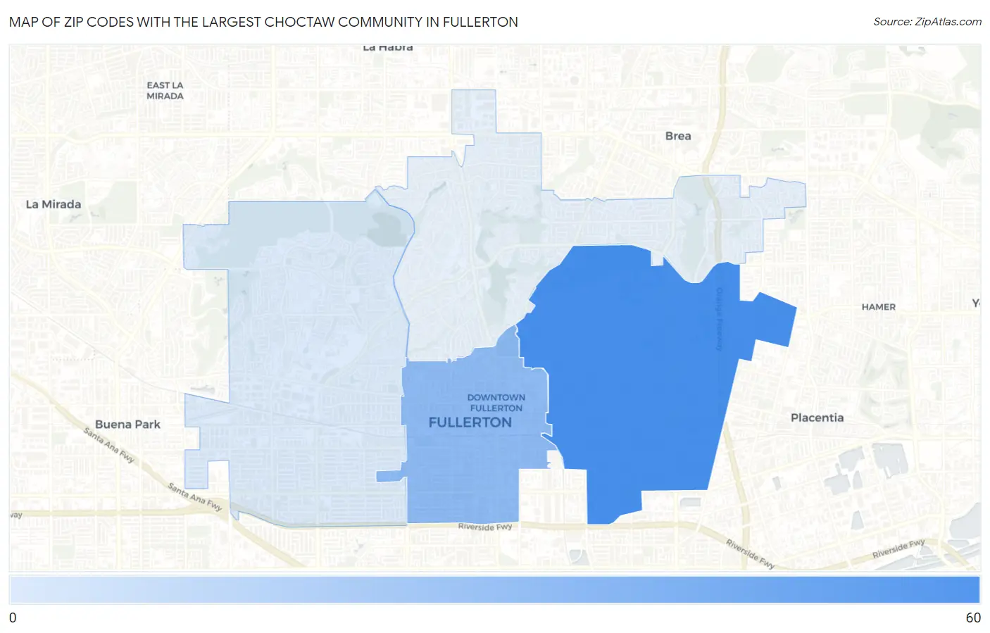 Zip Codes with the Largest Choctaw Community in Fullerton Map
