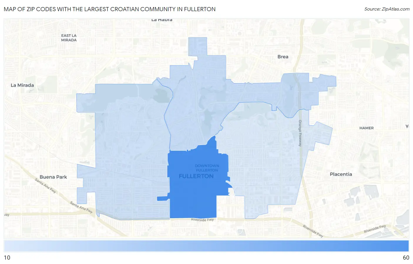 Zip Codes with the Largest Croatian Community in Fullerton Map