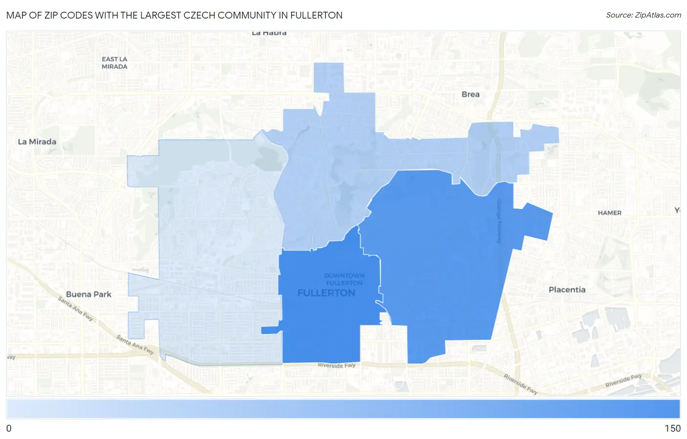 Zip Codes with the Largest Czech Community in Fullerton Map