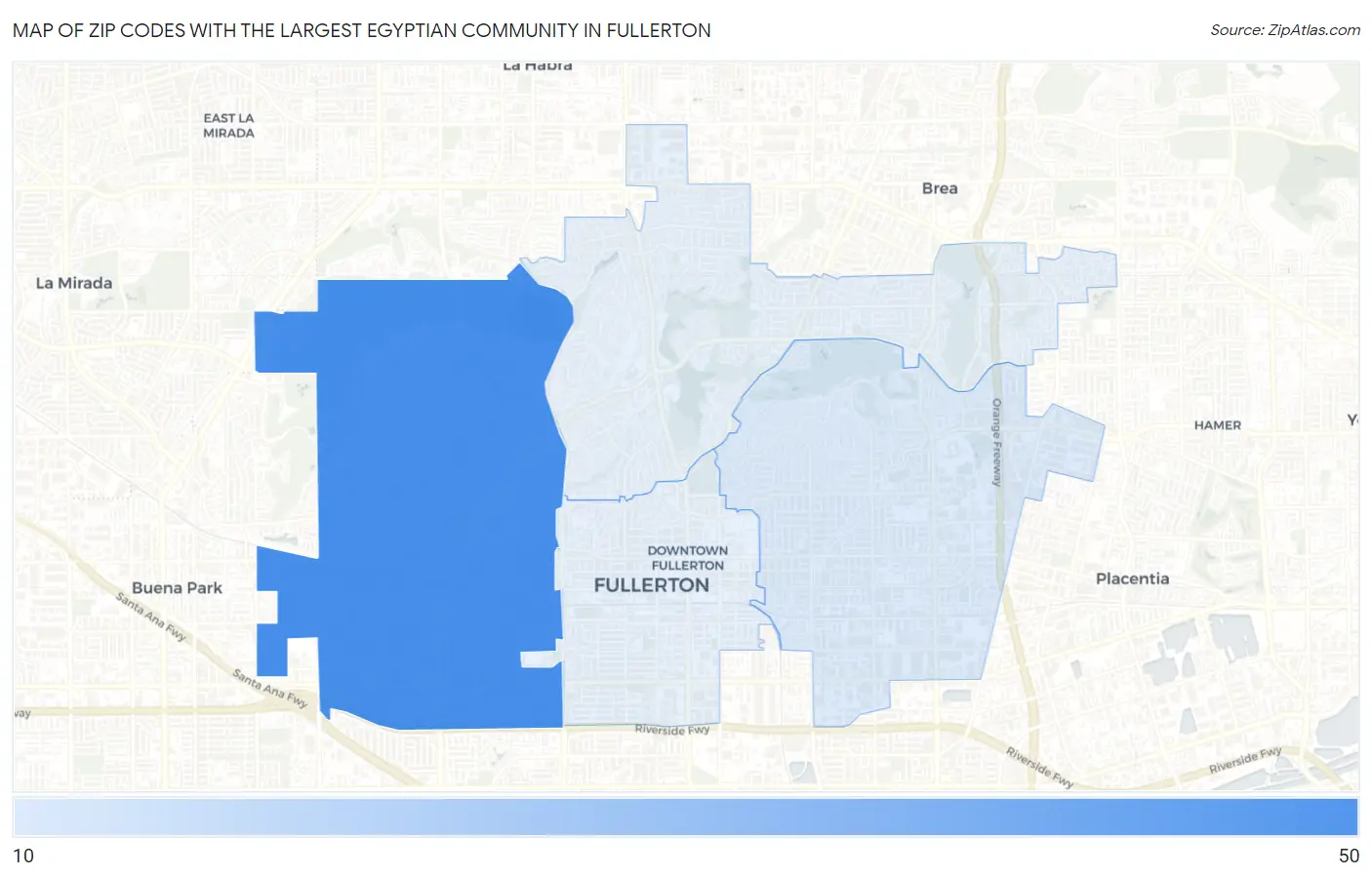 Zip Codes with the Largest Egyptian Community in Fullerton Map