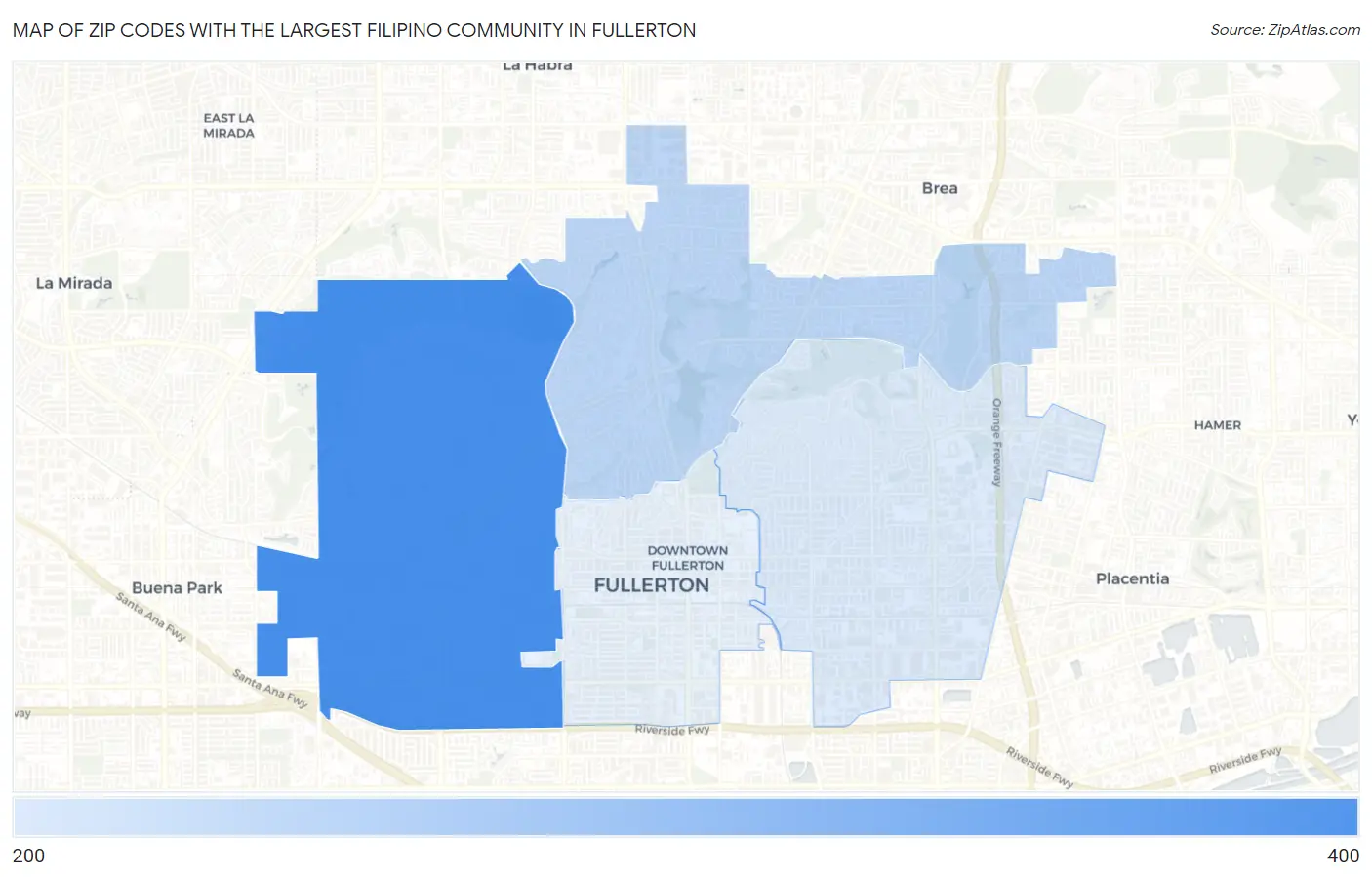 Zip Codes with the Largest Filipino Community in Fullerton Map