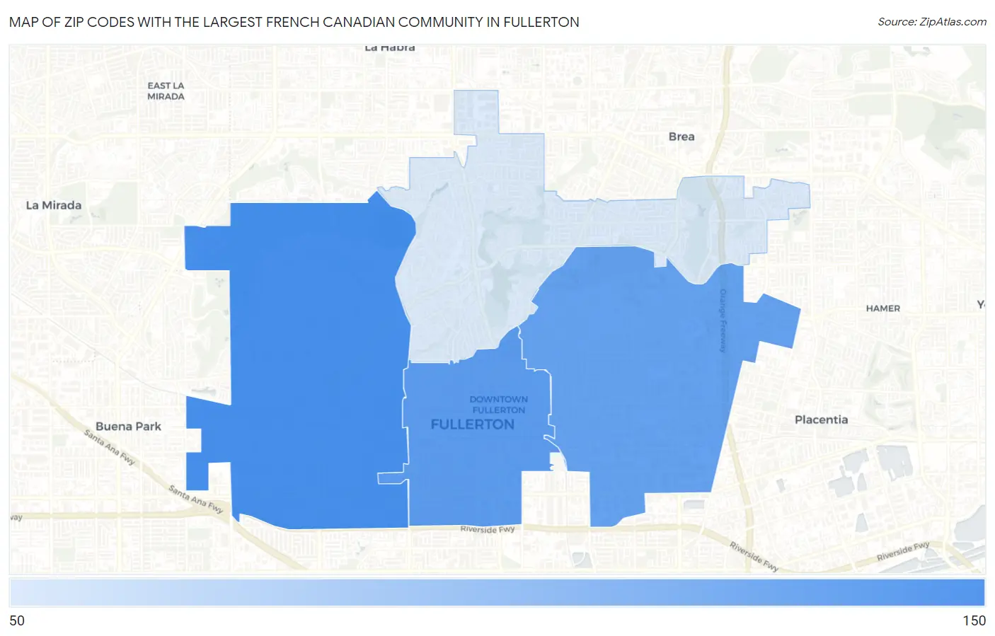 Zip Codes with the Largest French Canadian Community in Fullerton Map