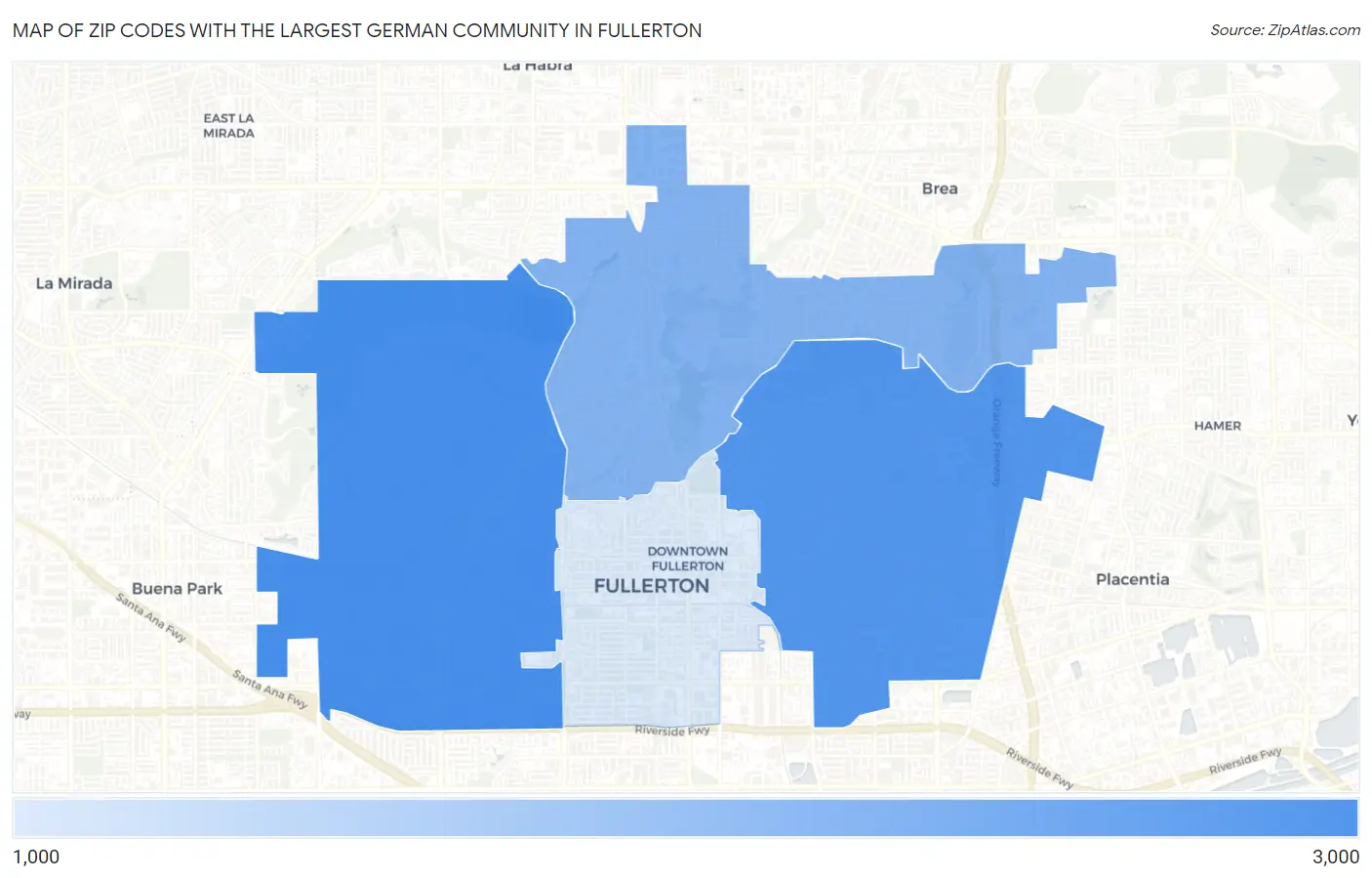 Zip Codes with the Largest German Community in Fullerton Map