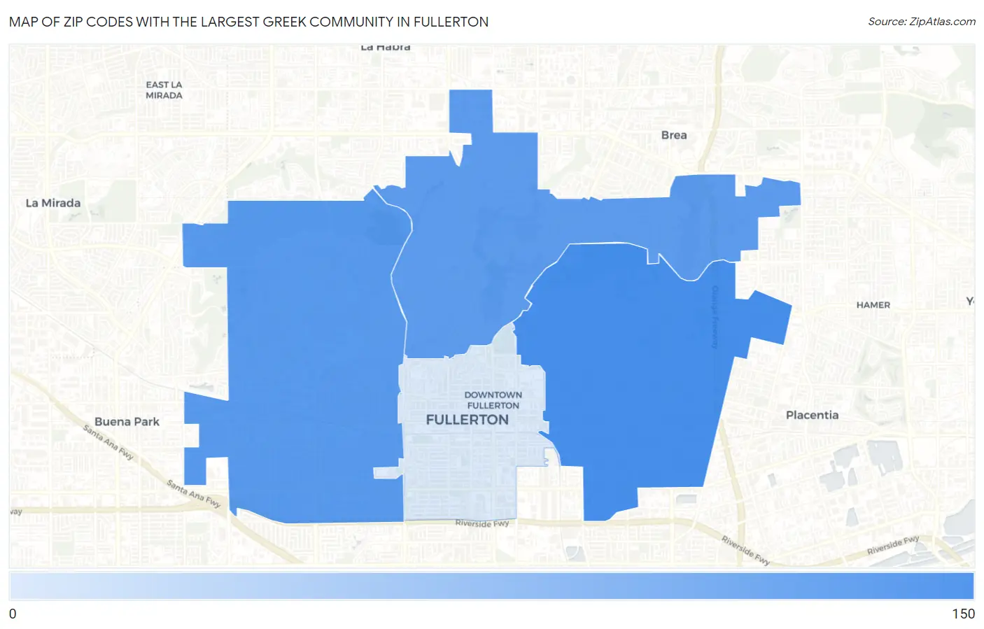 Zip Codes with the Largest Greek Community in Fullerton Map