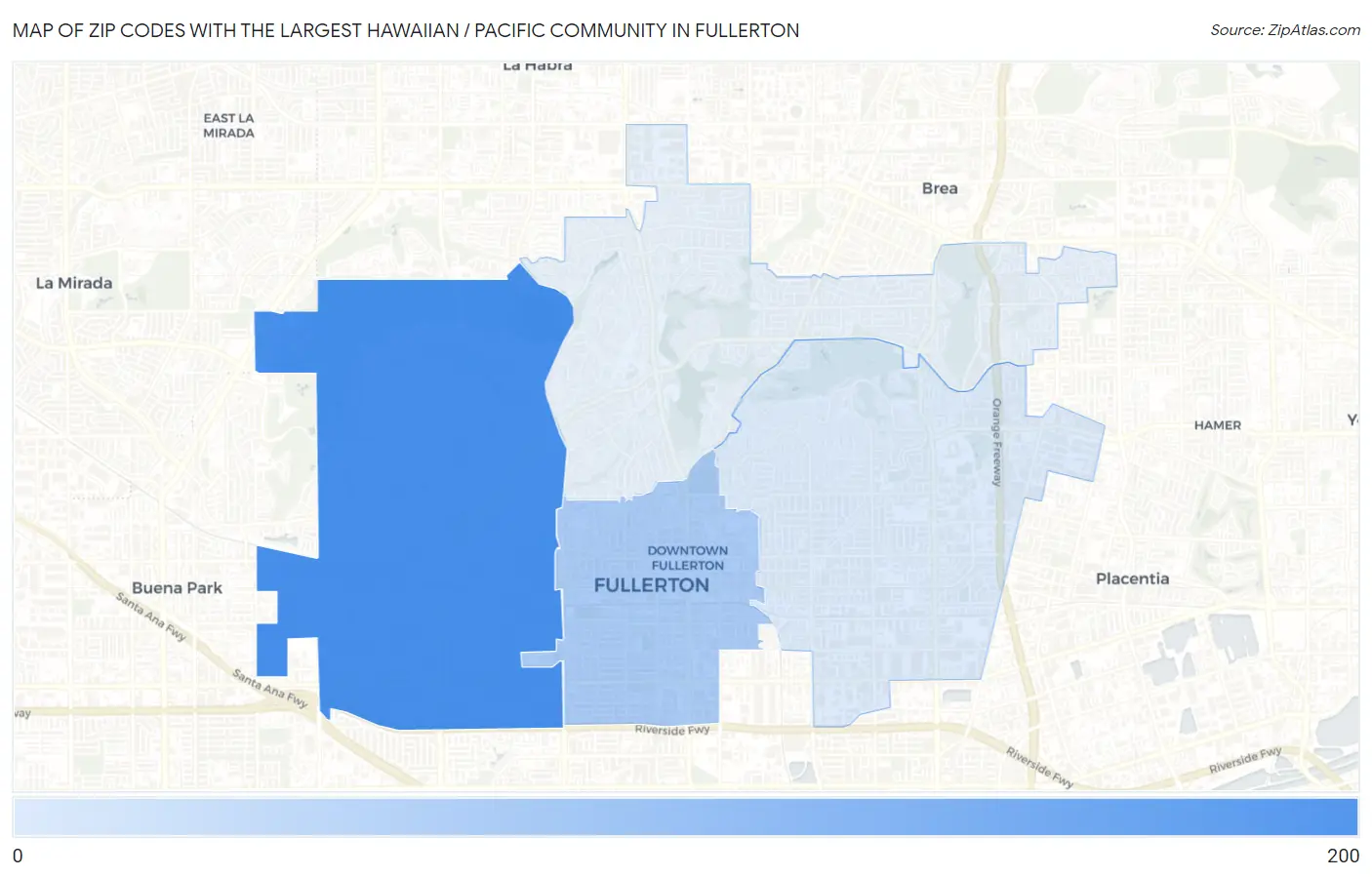 Zip Codes with the Largest Hawaiian / Pacific Community in Fullerton Map