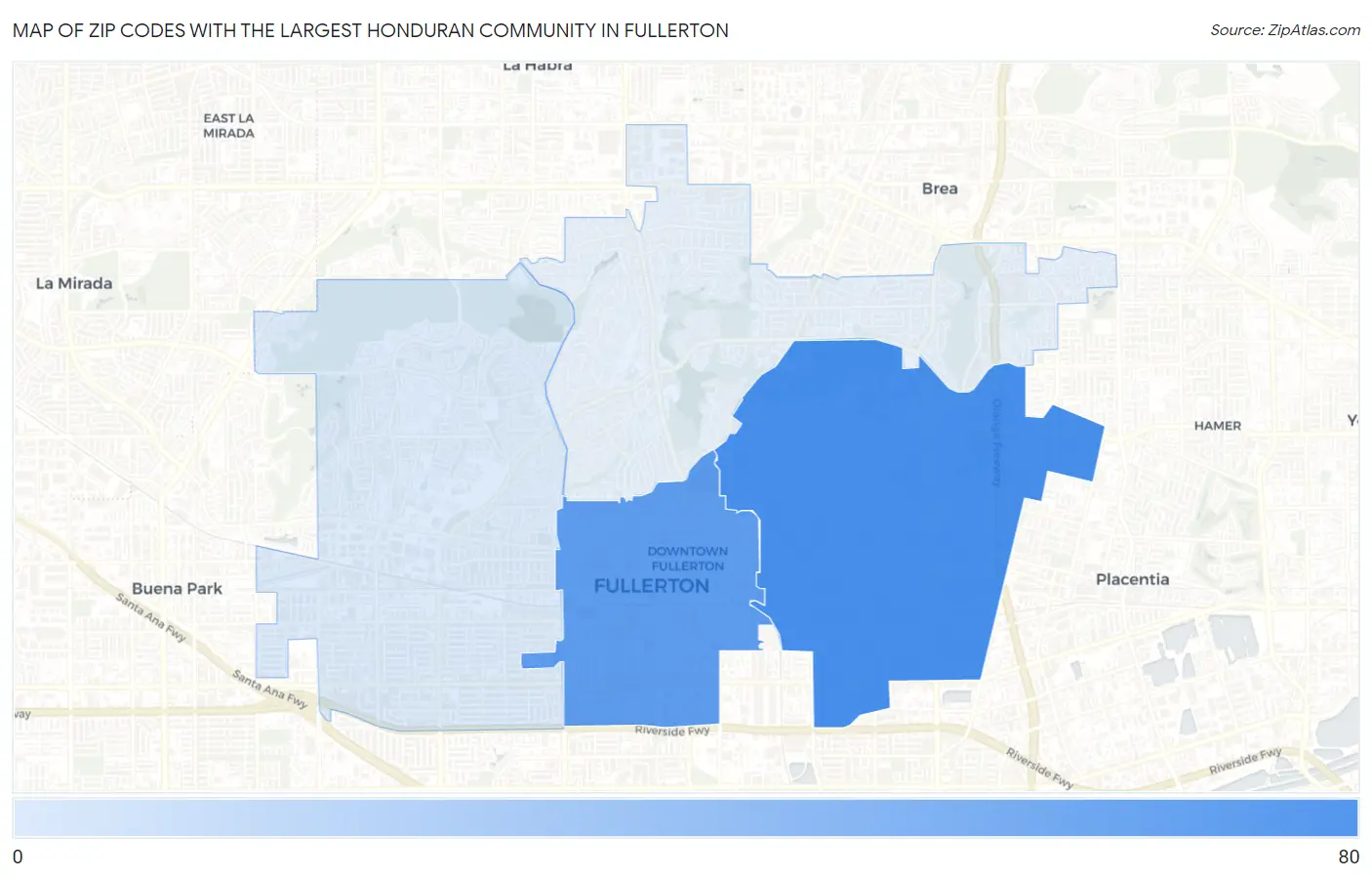 Zip Codes with the Largest Honduran Community in Fullerton Map
