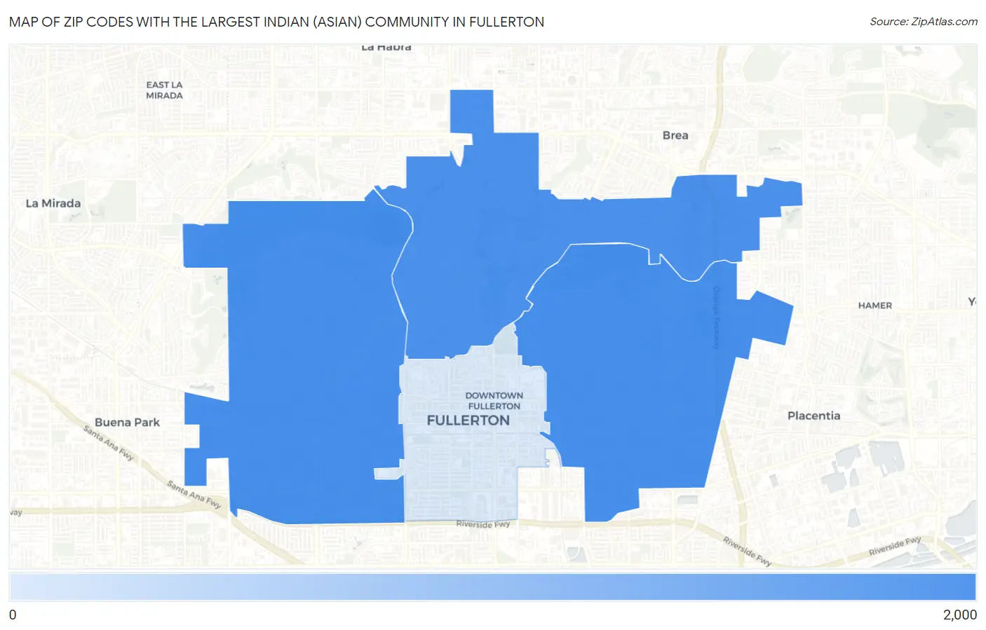 Zip Codes with the Largest Indian (Asian) Community in Fullerton Map