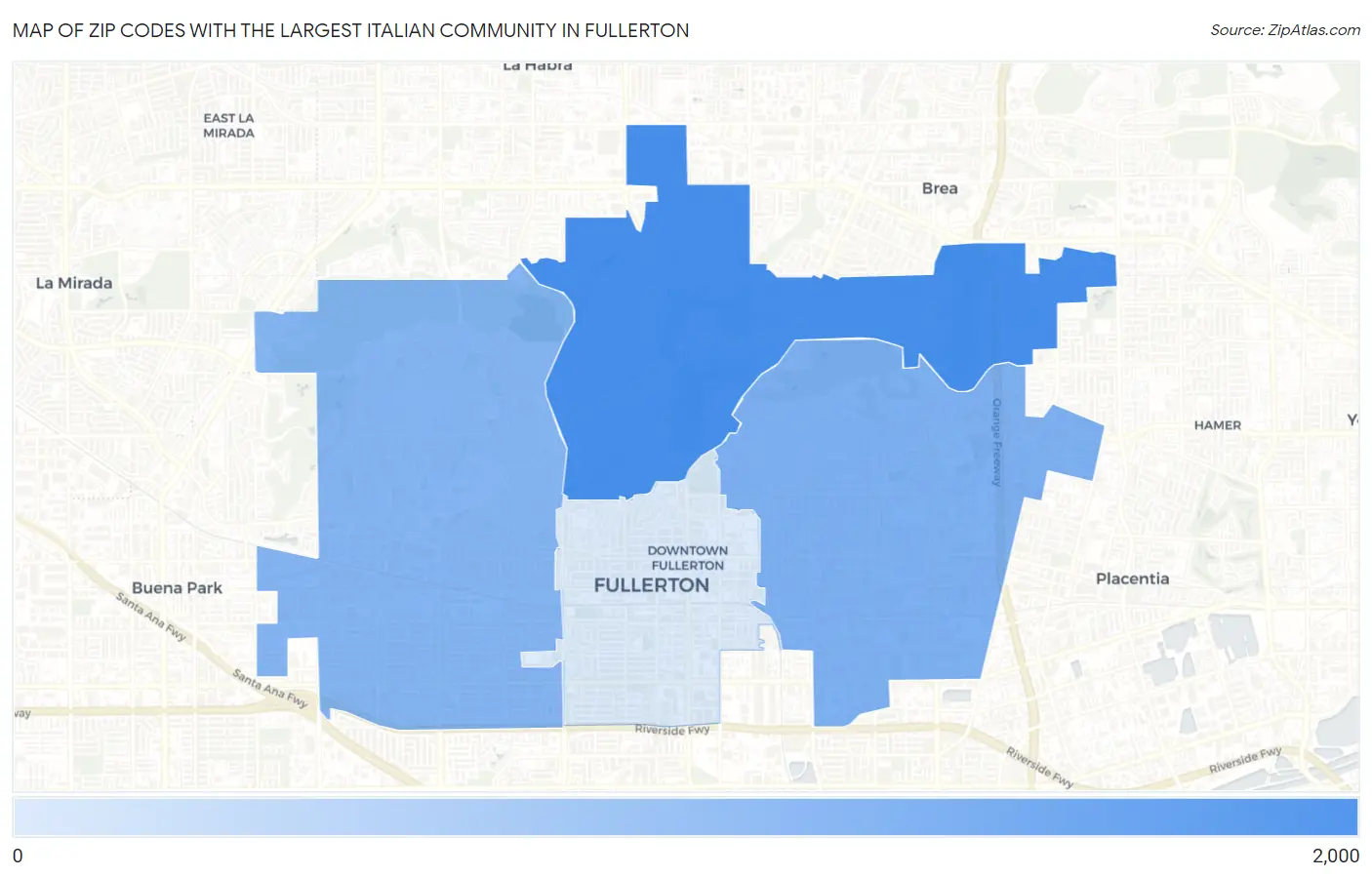 Zip Codes with the Largest Italian Community in Fullerton Map
