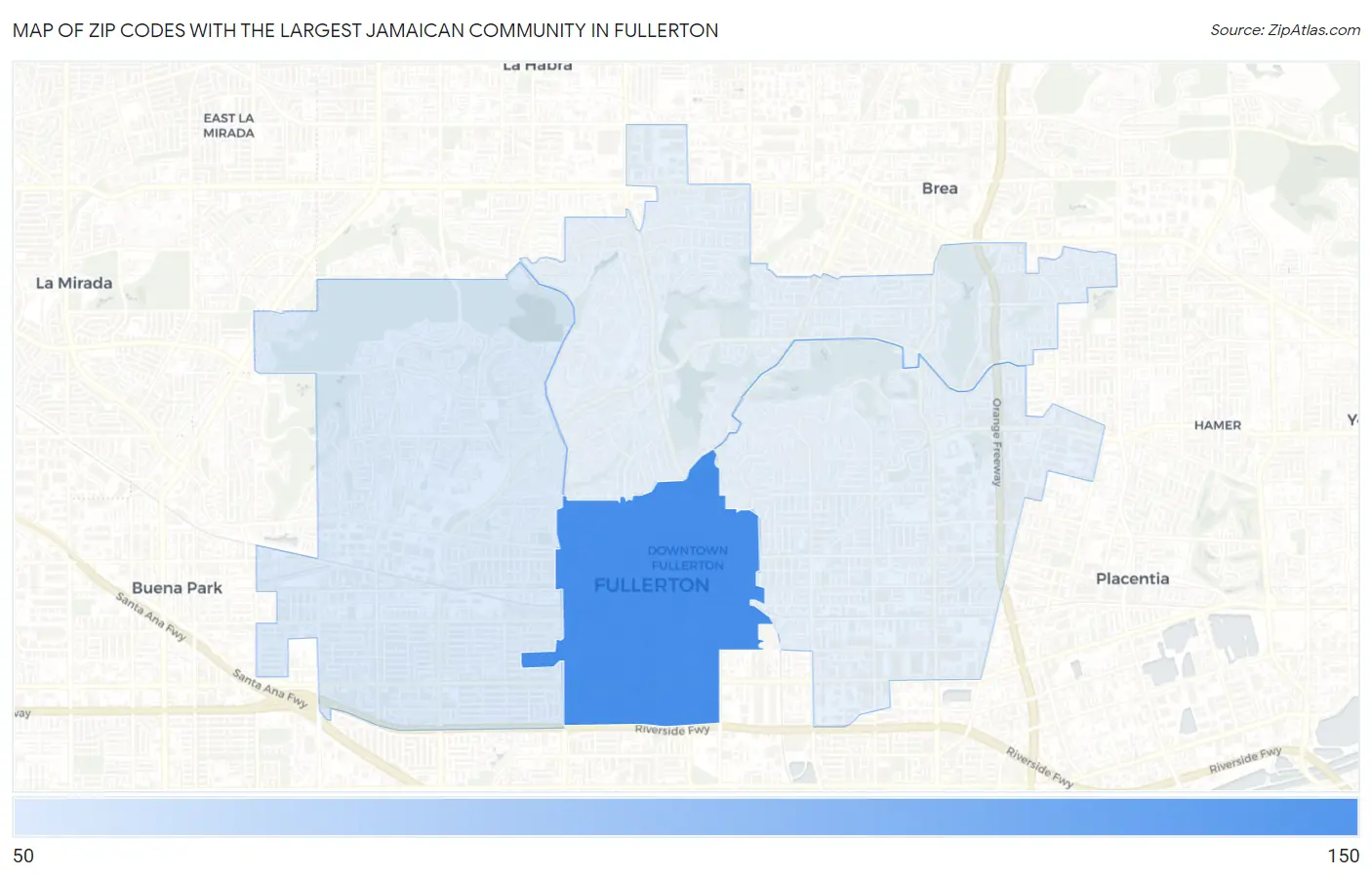 Zip Codes with the Largest Jamaican Community in Fullerton Map