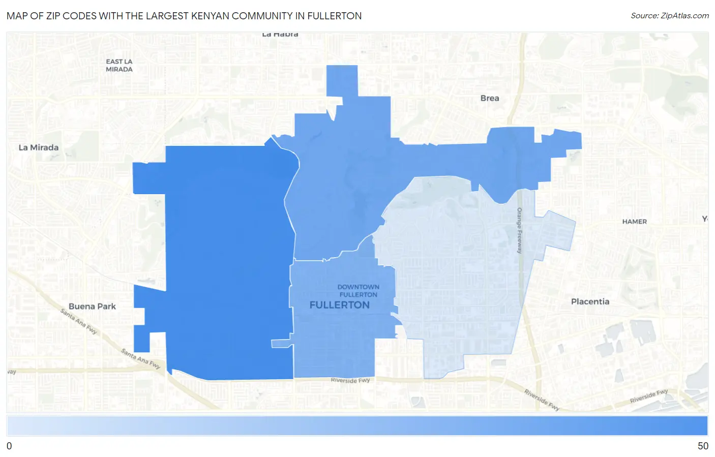 Zip Codes with the Largest Kenyan Community in Fullerton Map