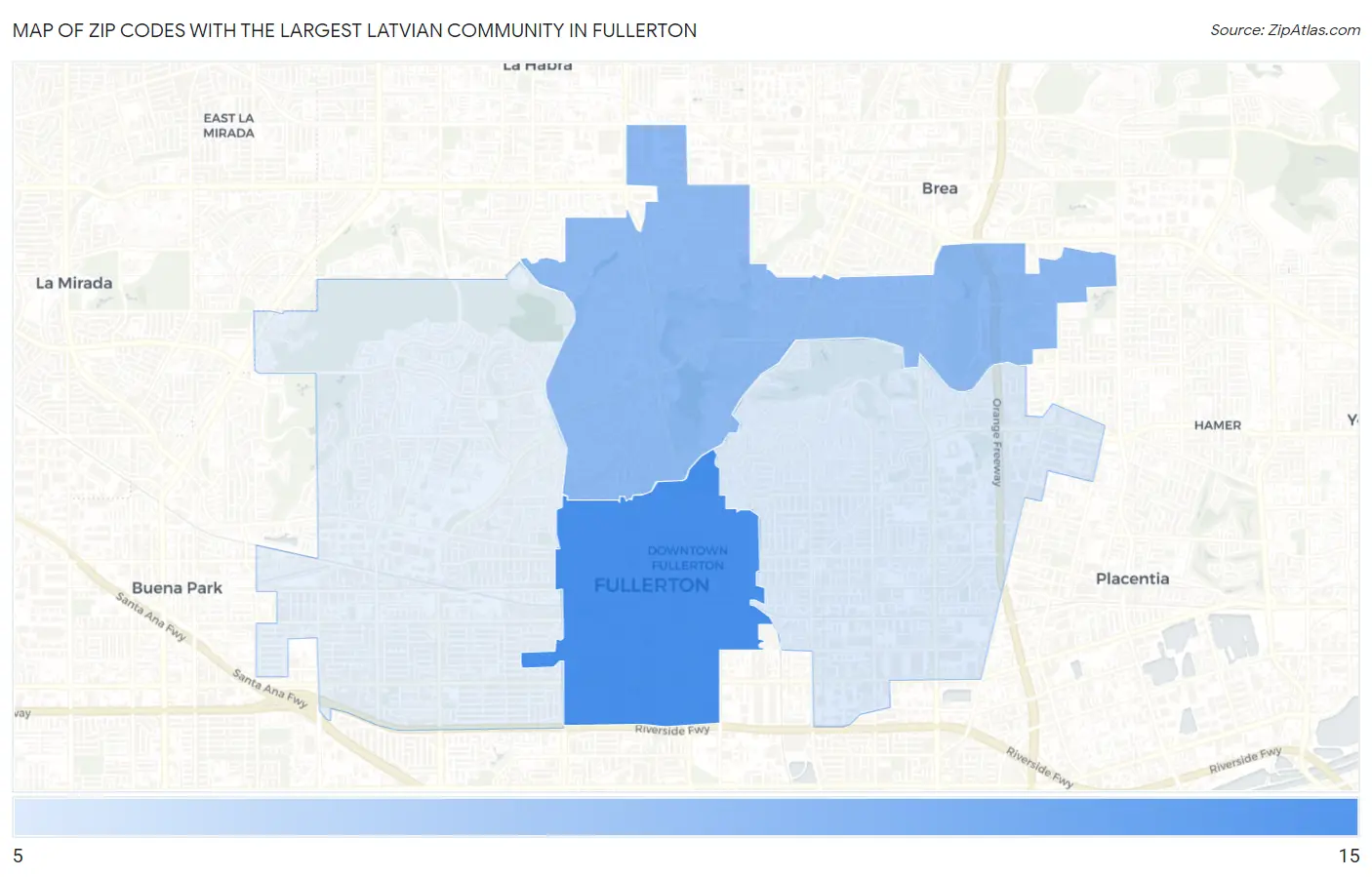 Zip Codes with the Largest Latvian Community in Fullerton Map