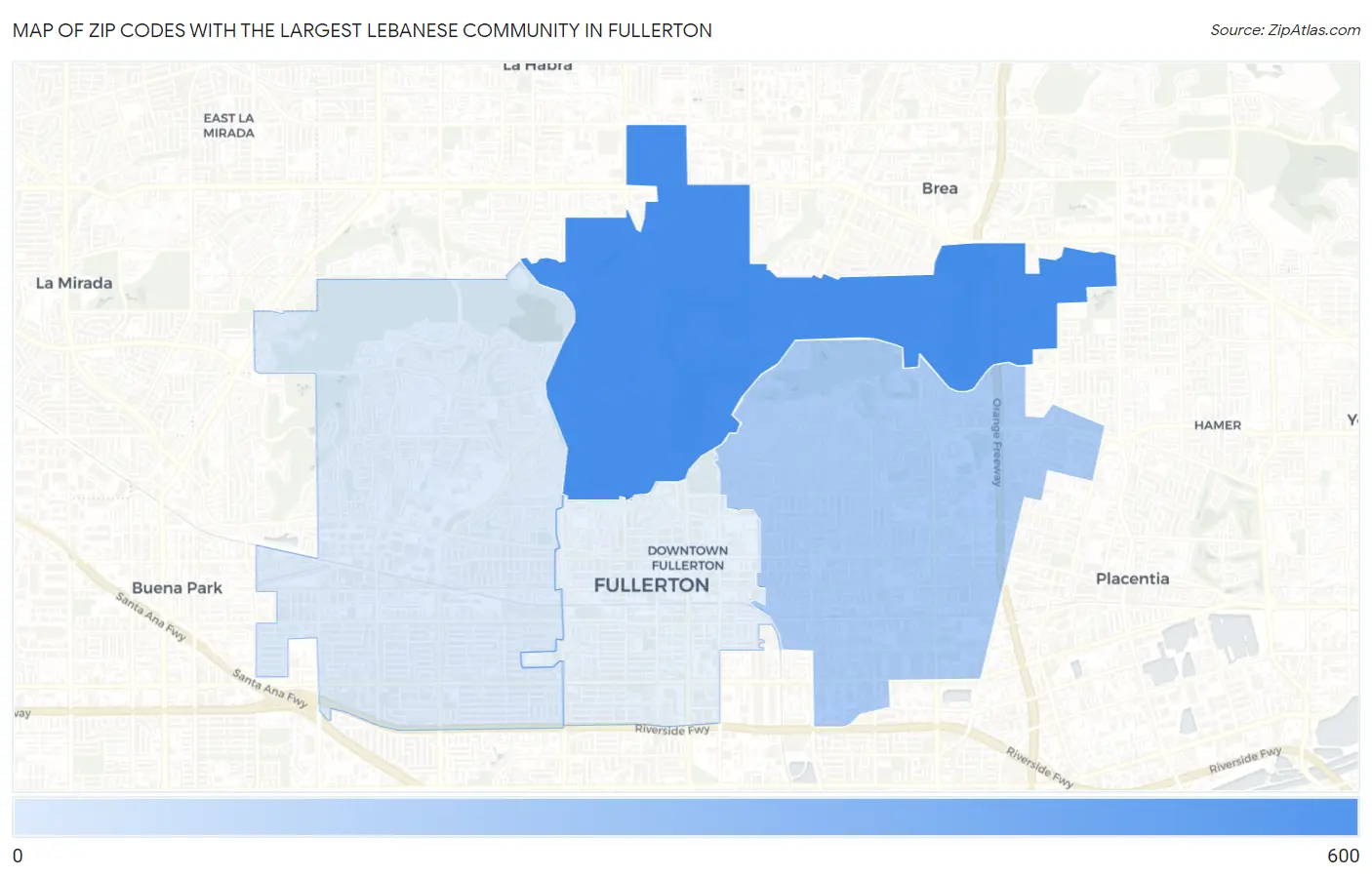 Zip Codes with the Largest Lebanese Community in Fullerton Map