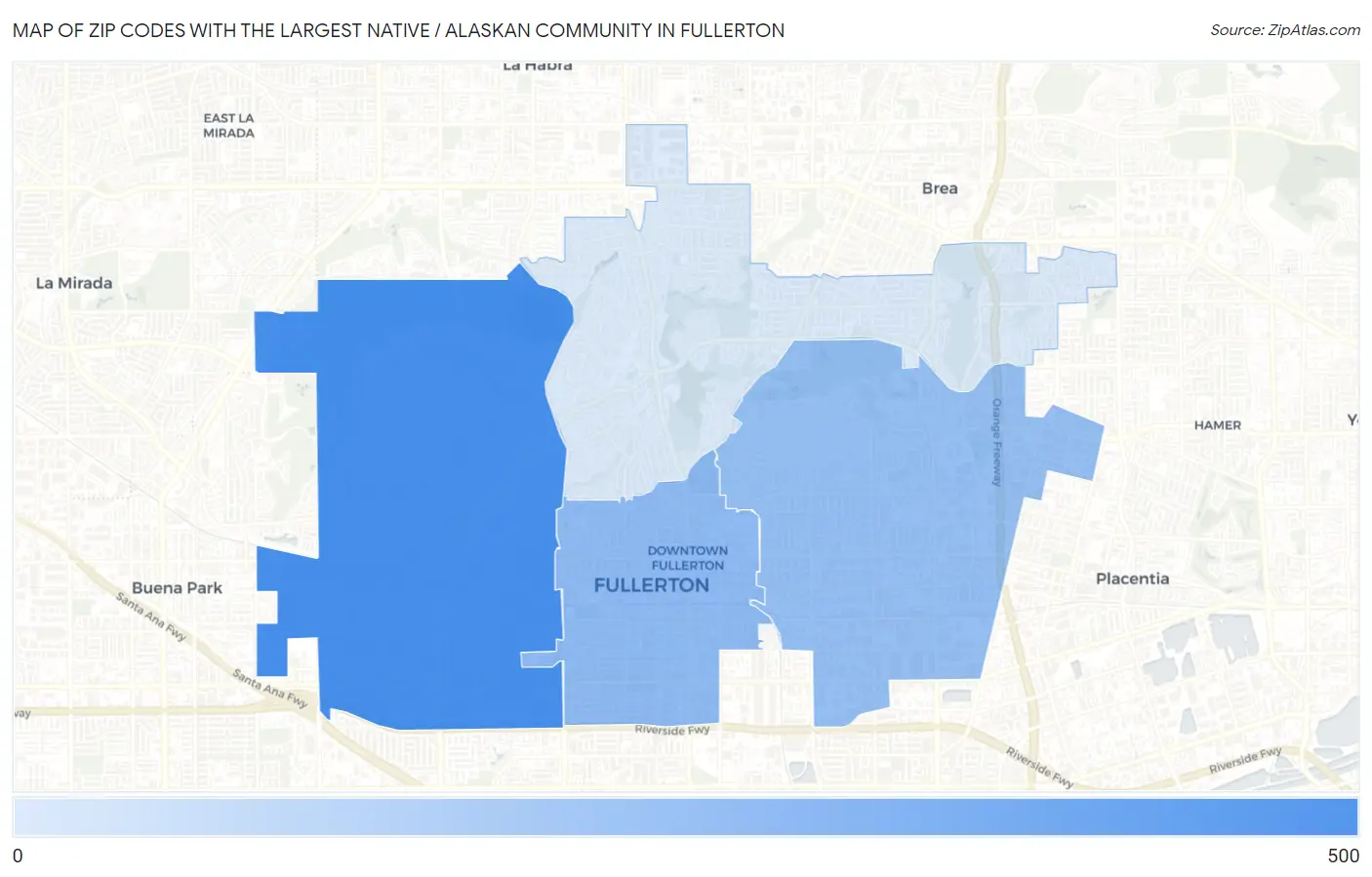 Zip Codes with the Largest Native / Alaskan Community in Fullerton Map