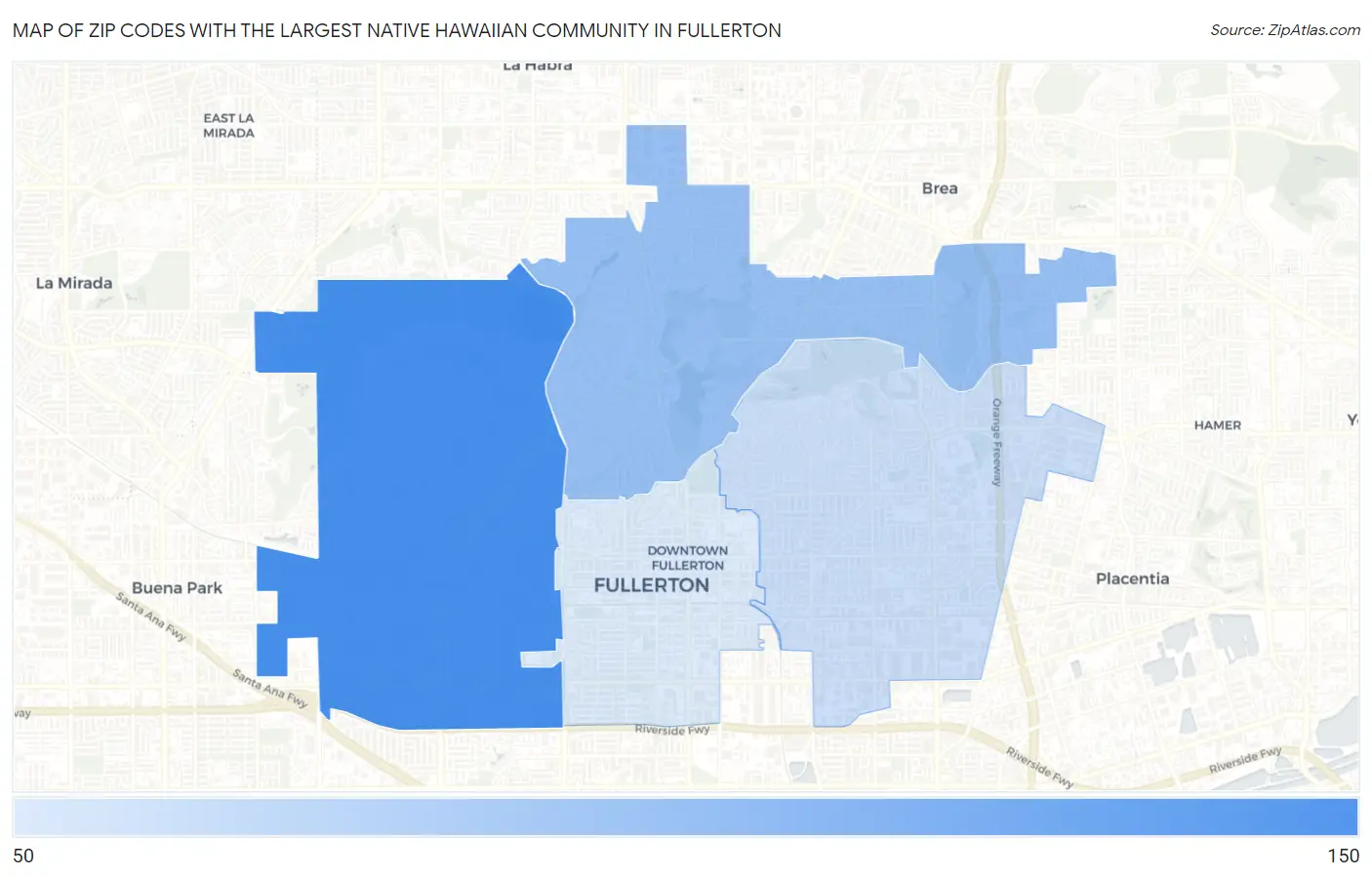 Zip Codes with the Largest Native Hawaiian Community in Fullerton Map