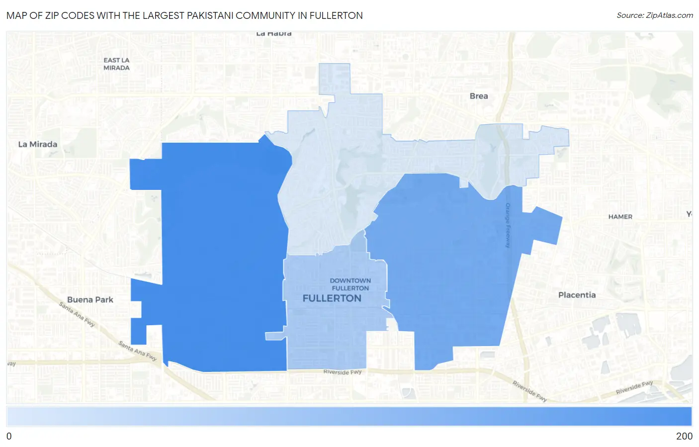 Zip Codes with the Largest Pakistani Community in Fullerton Map