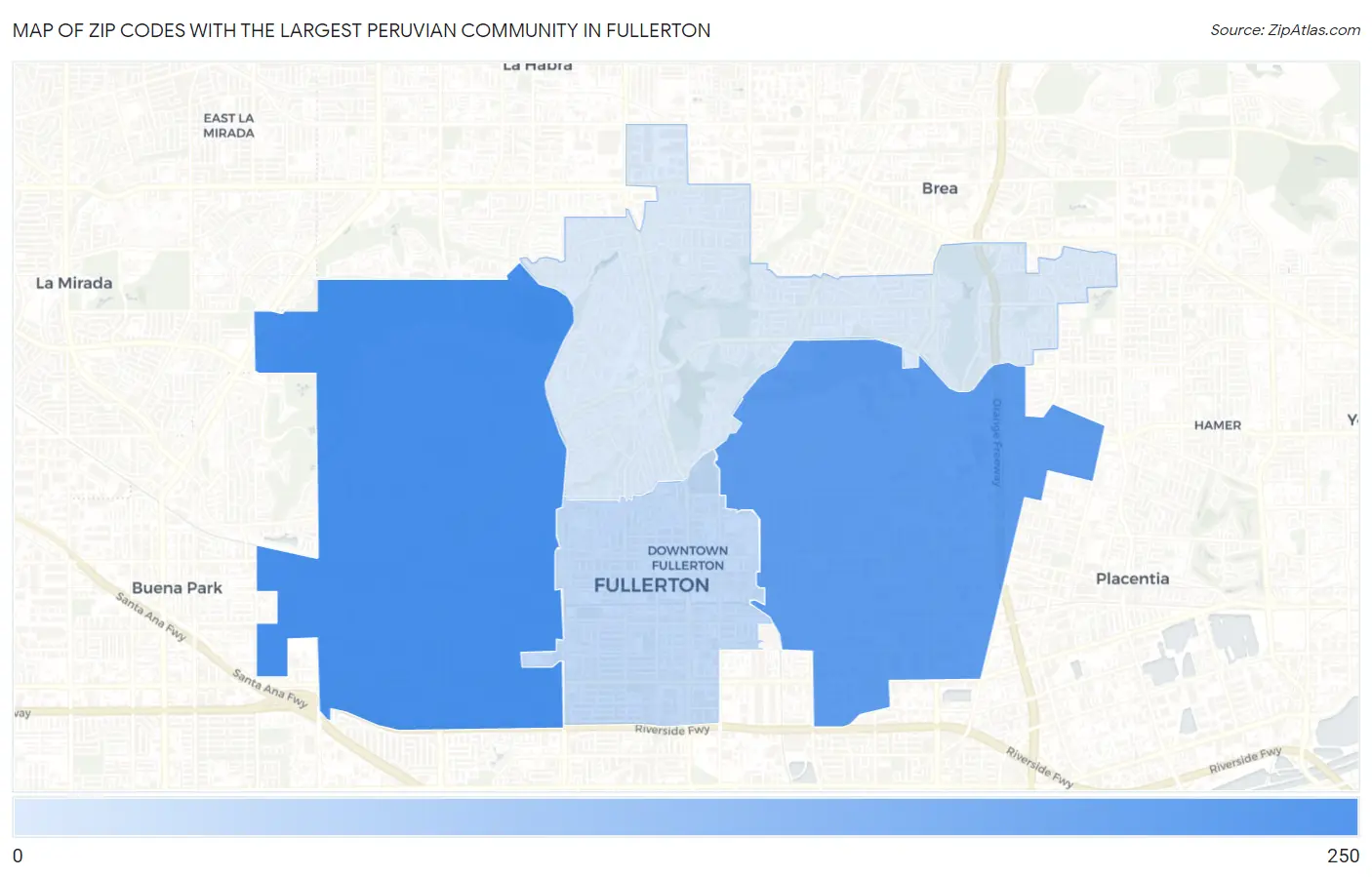 Zip Codes with the Largest Peruvian Community in Fullerton Map