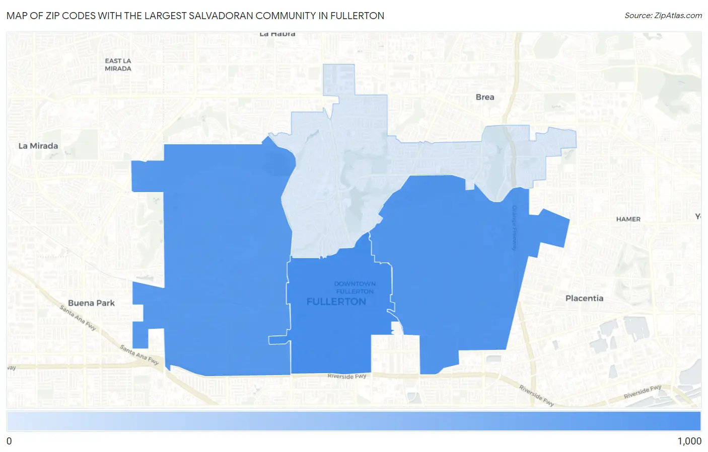 Zip Codes with the Largest Salvadoran Community in Fullerton Map