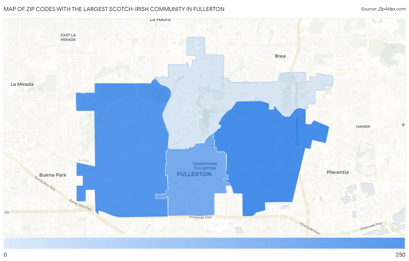 Zip Codes with the Largest Scotch-Irish Community in Fullerton Map