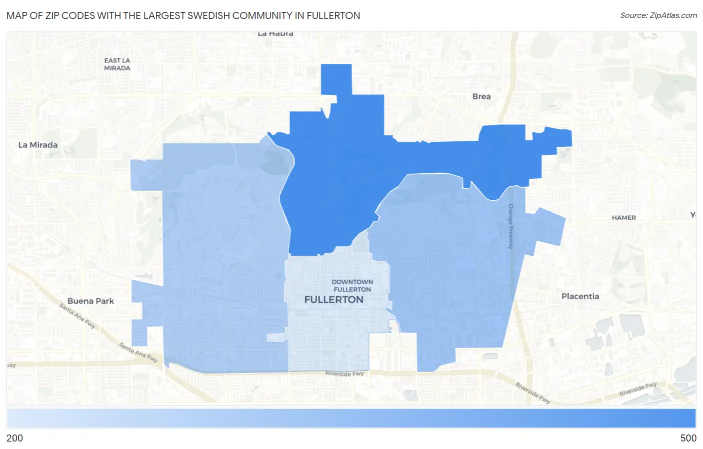 Zip Codes with the Largest Swedish Community in Fullerton Map