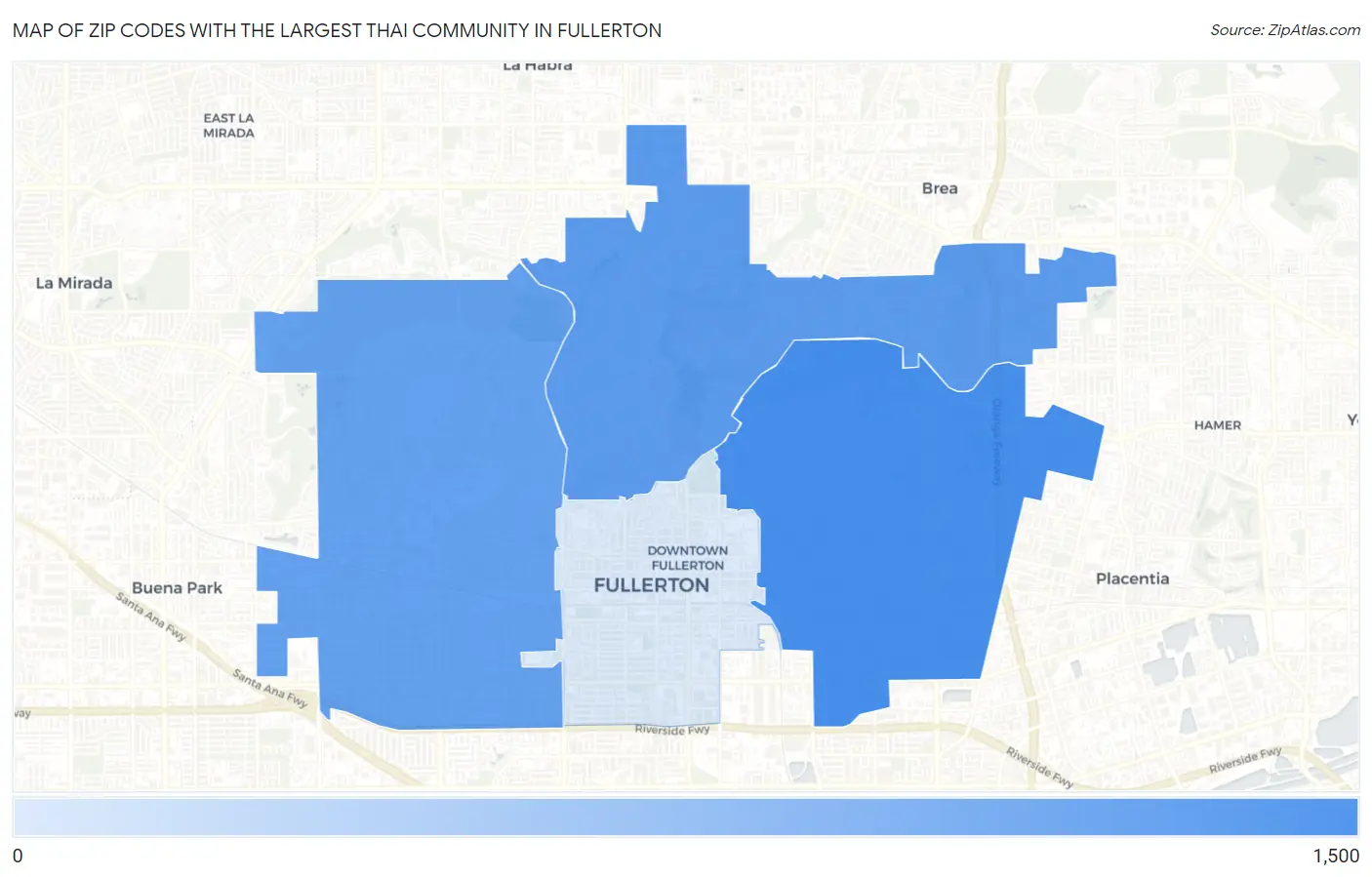 Zip Codes with the Largest Thai Community in Fullerton Map