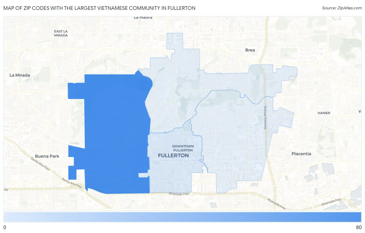 Zip Codes with the Largest Vietnamese Community in Fullerton Map
