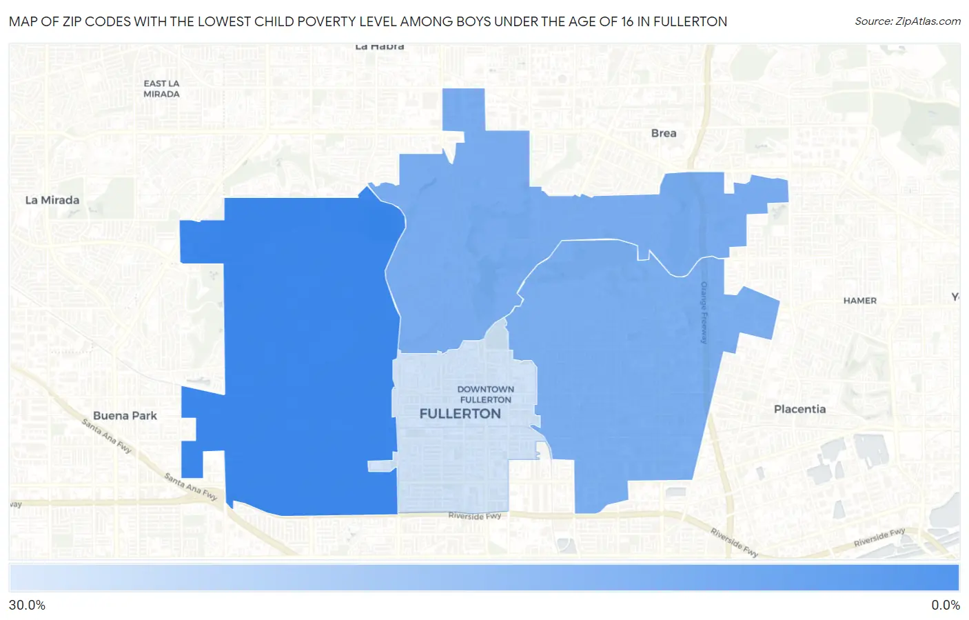Zip Codes with the Lowest Child Poverty Level Among Boys Under the Age of 16 in Fullerton Map