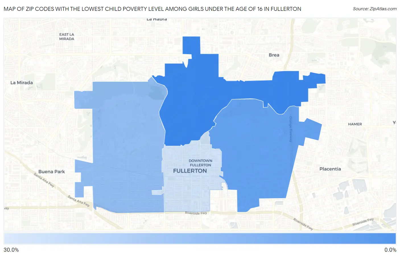 Zip Codes with the Lowest Child Poverty Level Among Girls Under the Age of 16 in Fullerton Map