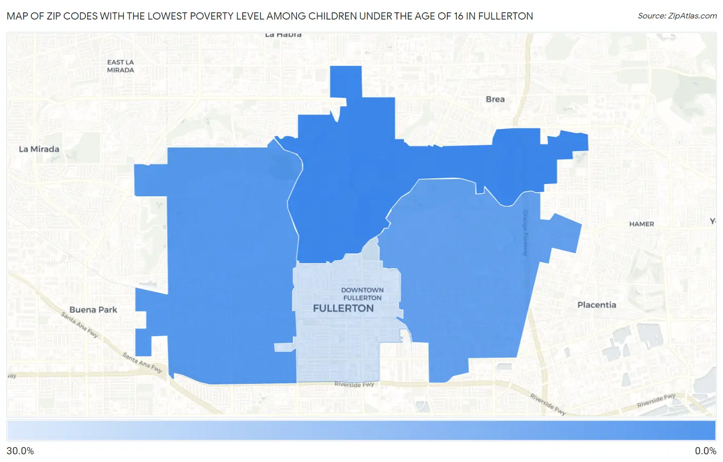 Zip Codes with the Lowest Poverty Level Among Children Under the Age of 16 in Fullerton Map