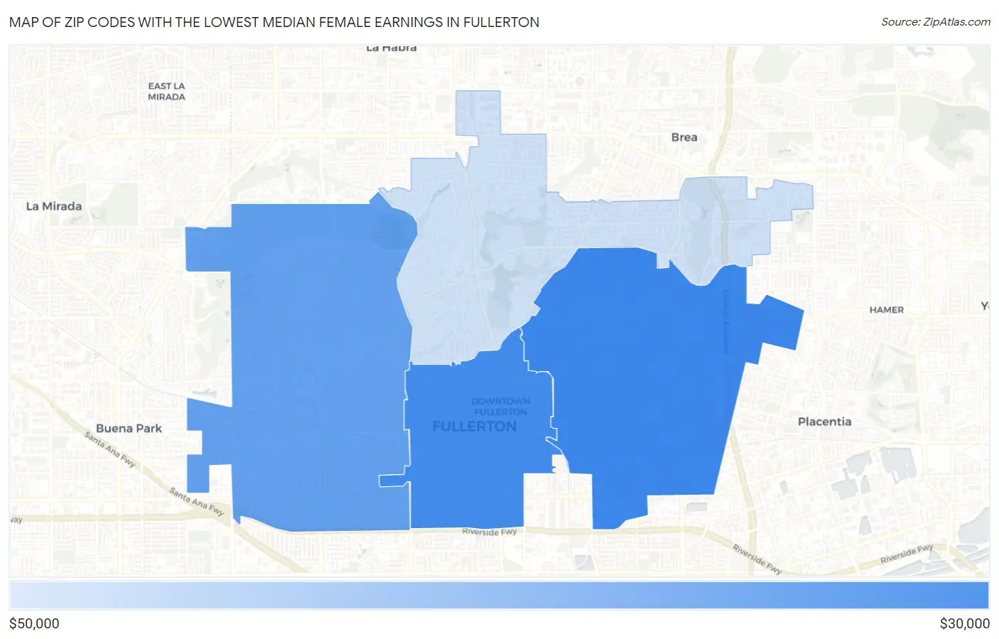 Zip Codes with the Lowest Median Female Earnings in Fullerton Map
