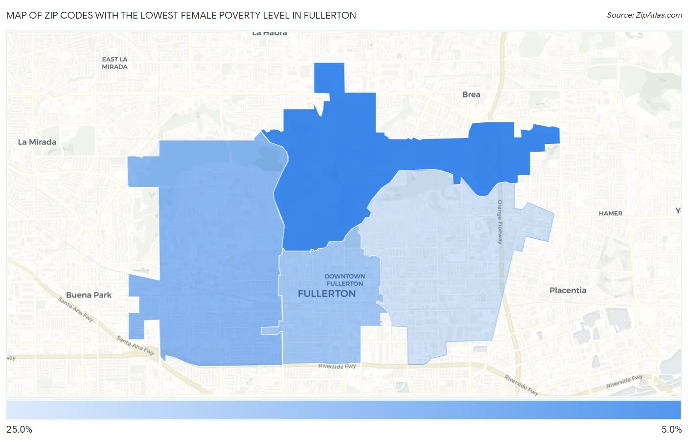 Zip Codes with the Lowest Female Poverty Level in Fullerton Map