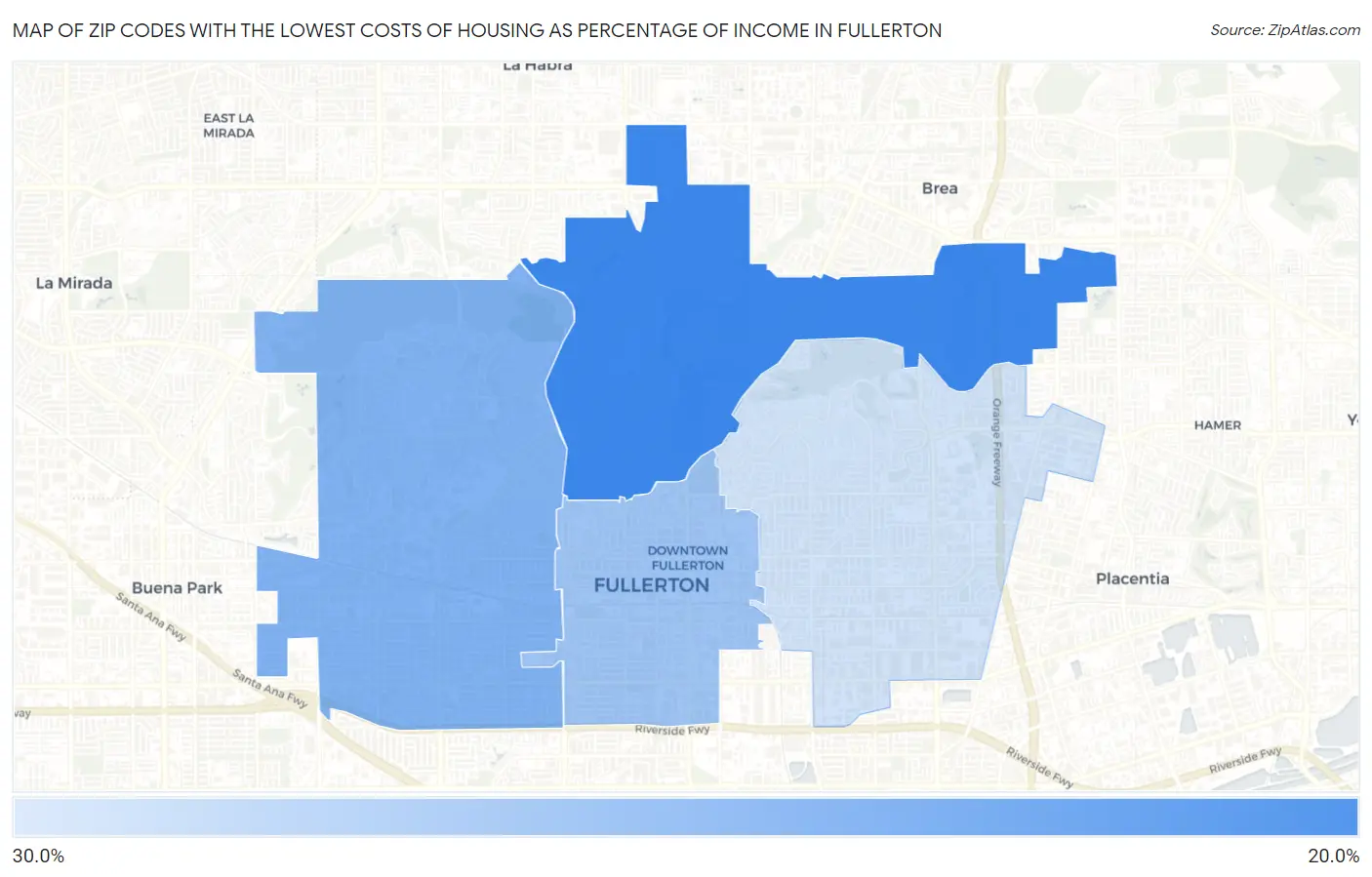 Zip Codes with the Lowest Costs of Housing as Percentage of Income in Fullerton Map
