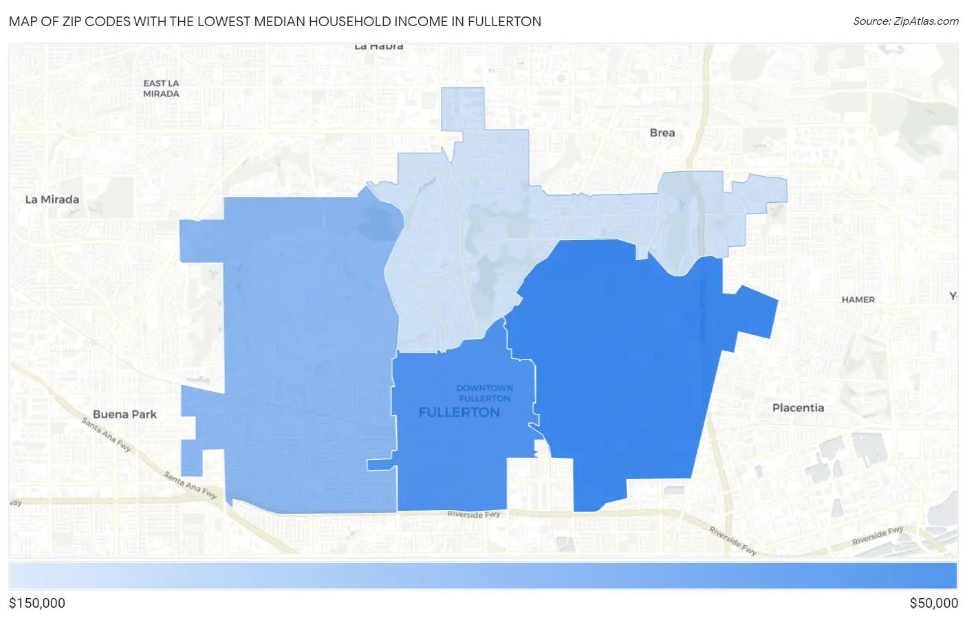 Zip Codes with the Lowest Median Household Income in Fullerton Map