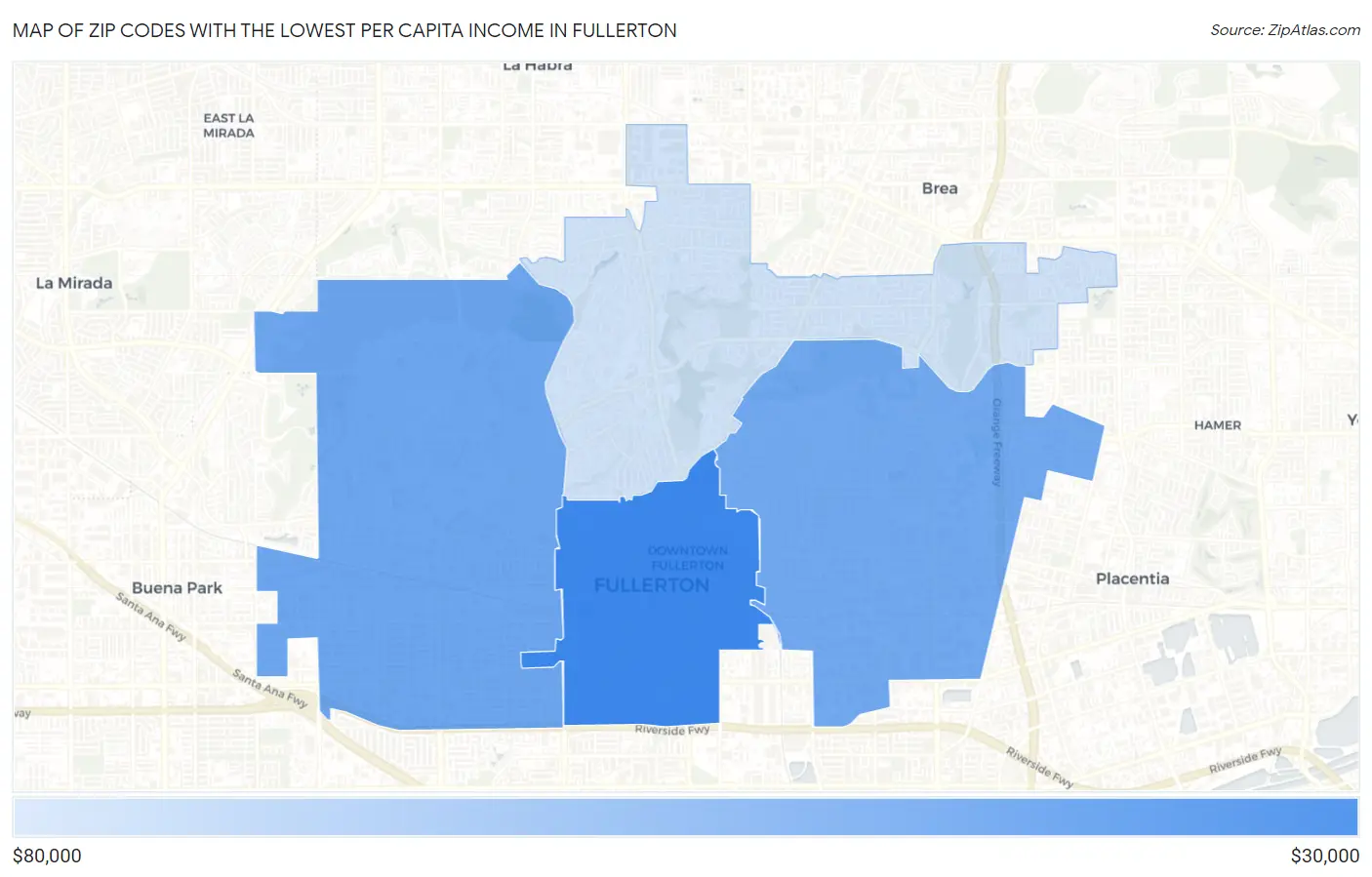 Zip Codes with the Lowest Per Capita Income in Fullerton Map