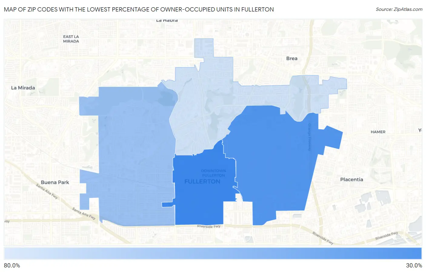 Zip Codes with the Lowest Percentage of Owner-Occupied Units in Fullerton Map