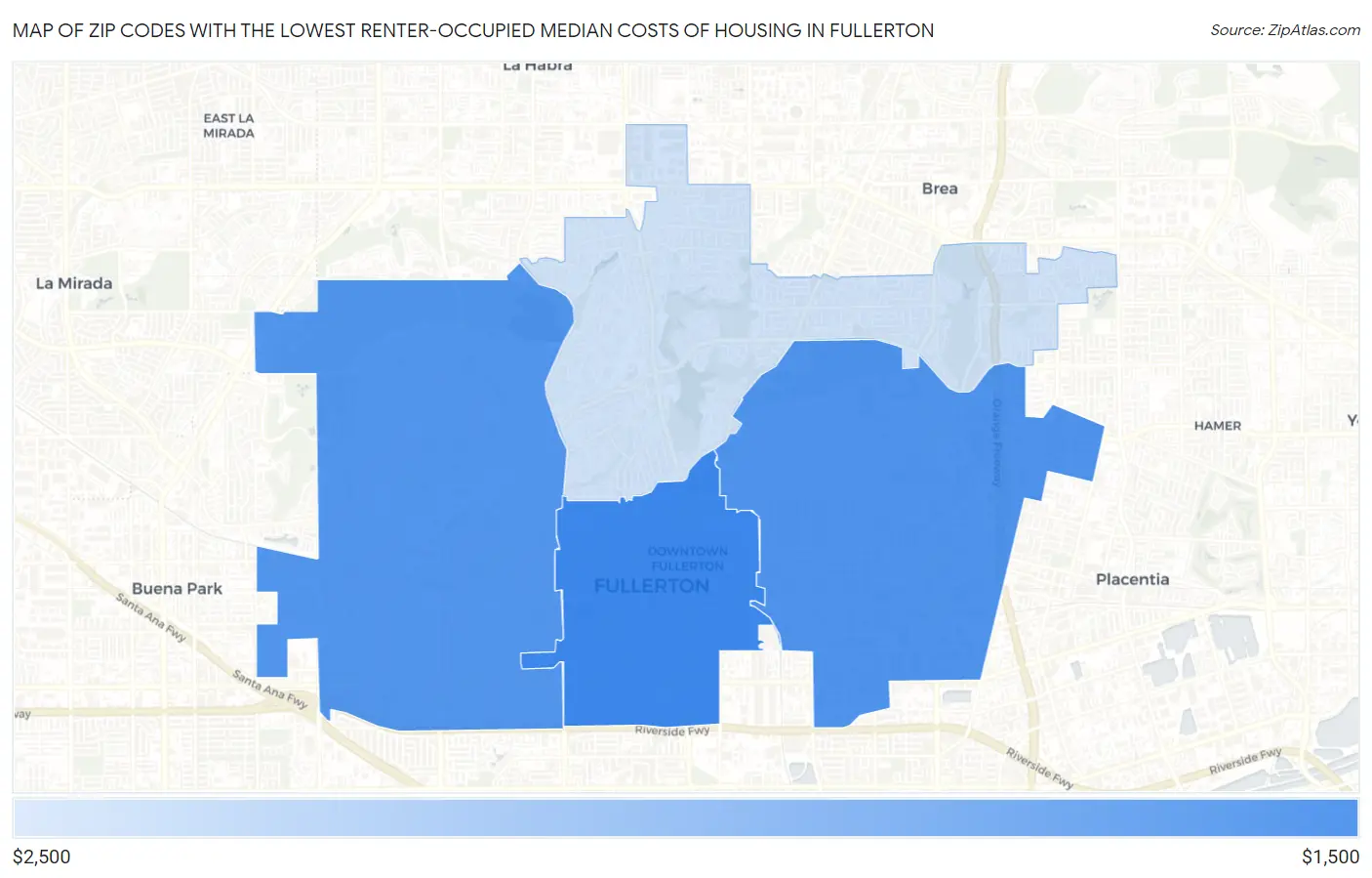 Zip Codes with the Lowest Renter-Occupied Median Costs of Housing in Fullerton Map