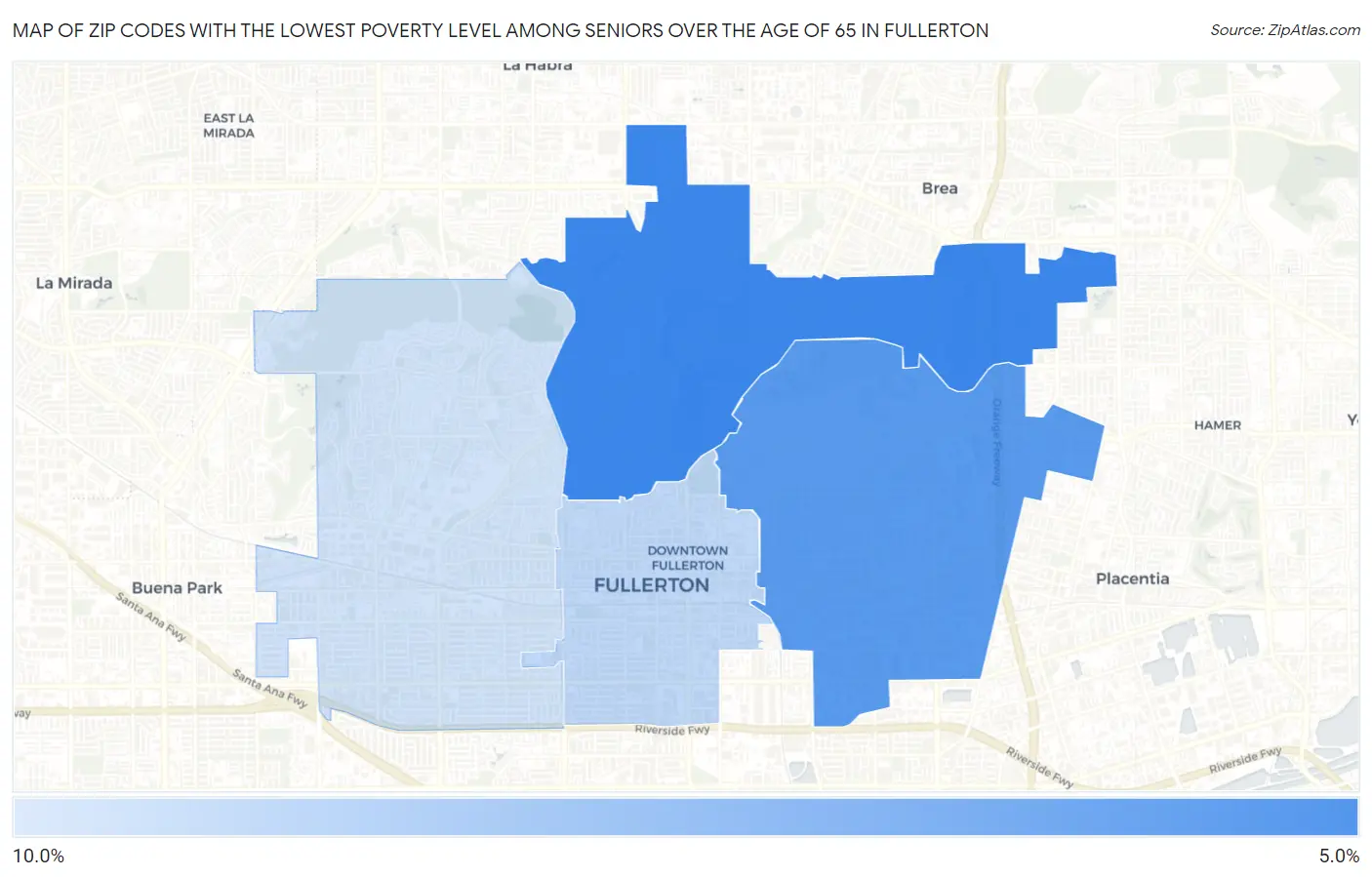 Zip Codes with the Lowest Poverty Level Among Seniors Over the Age of 65 in Fullerton Map