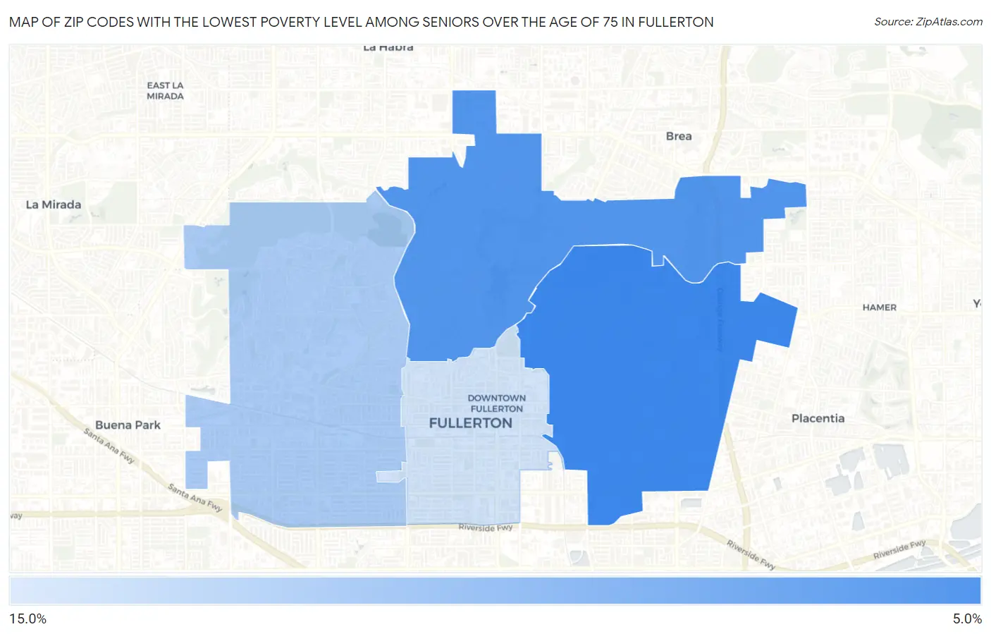Zip Codes with the Lowest Poverty Level Among Seniors Over the Age of 75 in Fullerton Map