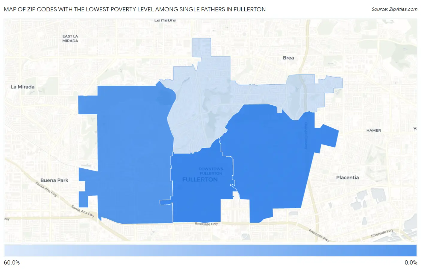 Zip Codes with the Lowest Poverty Level Among Single Fathers in Fullerton Map