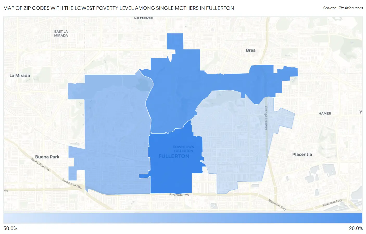 Zip Codes with the Lowest Poverty Level Among Single Mothers in Fullerton Map