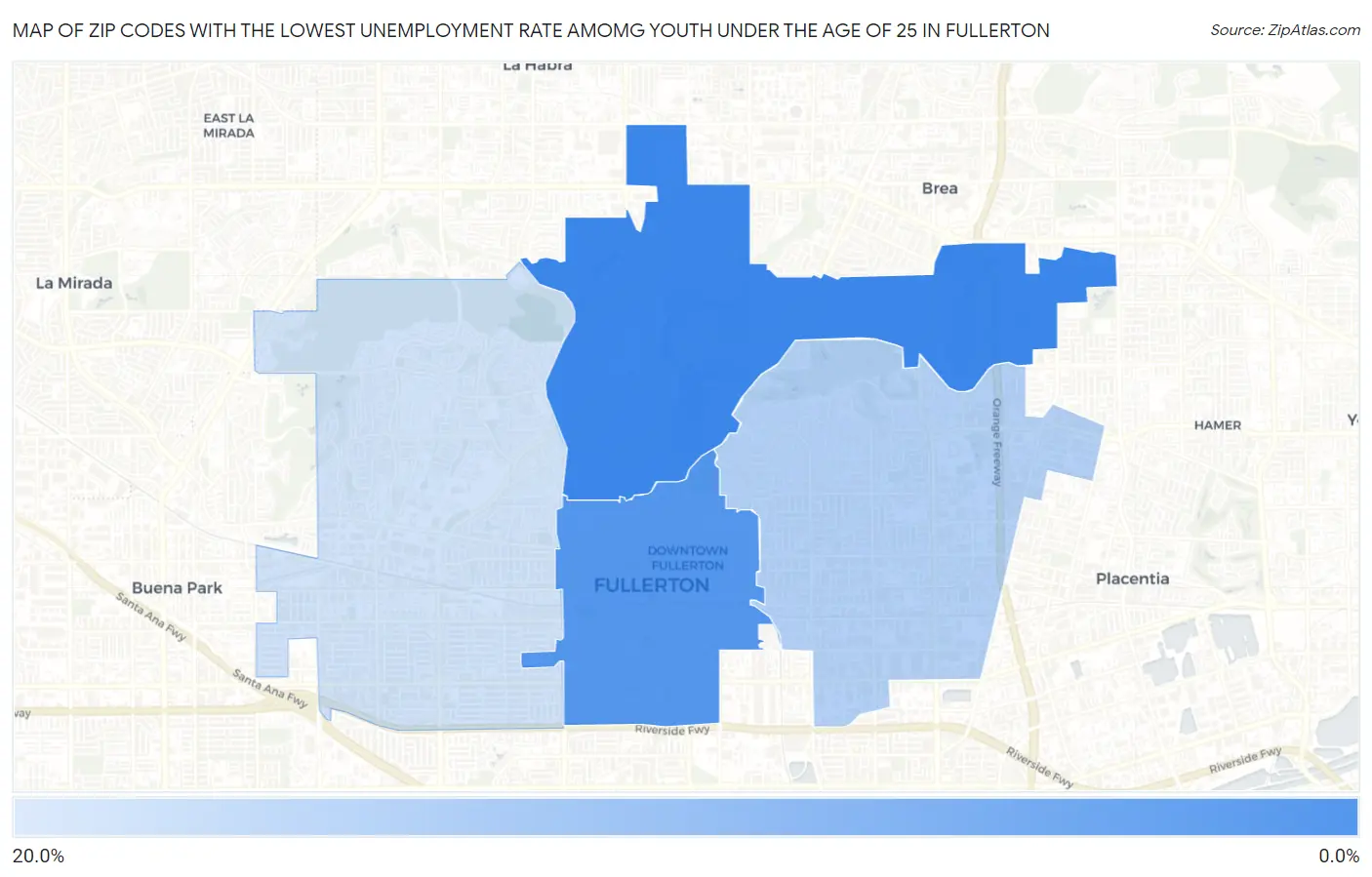 Zip Codes with the Lowest Unemployment Rate Amomg Youth Under the Age of 25 in Fullerton Map