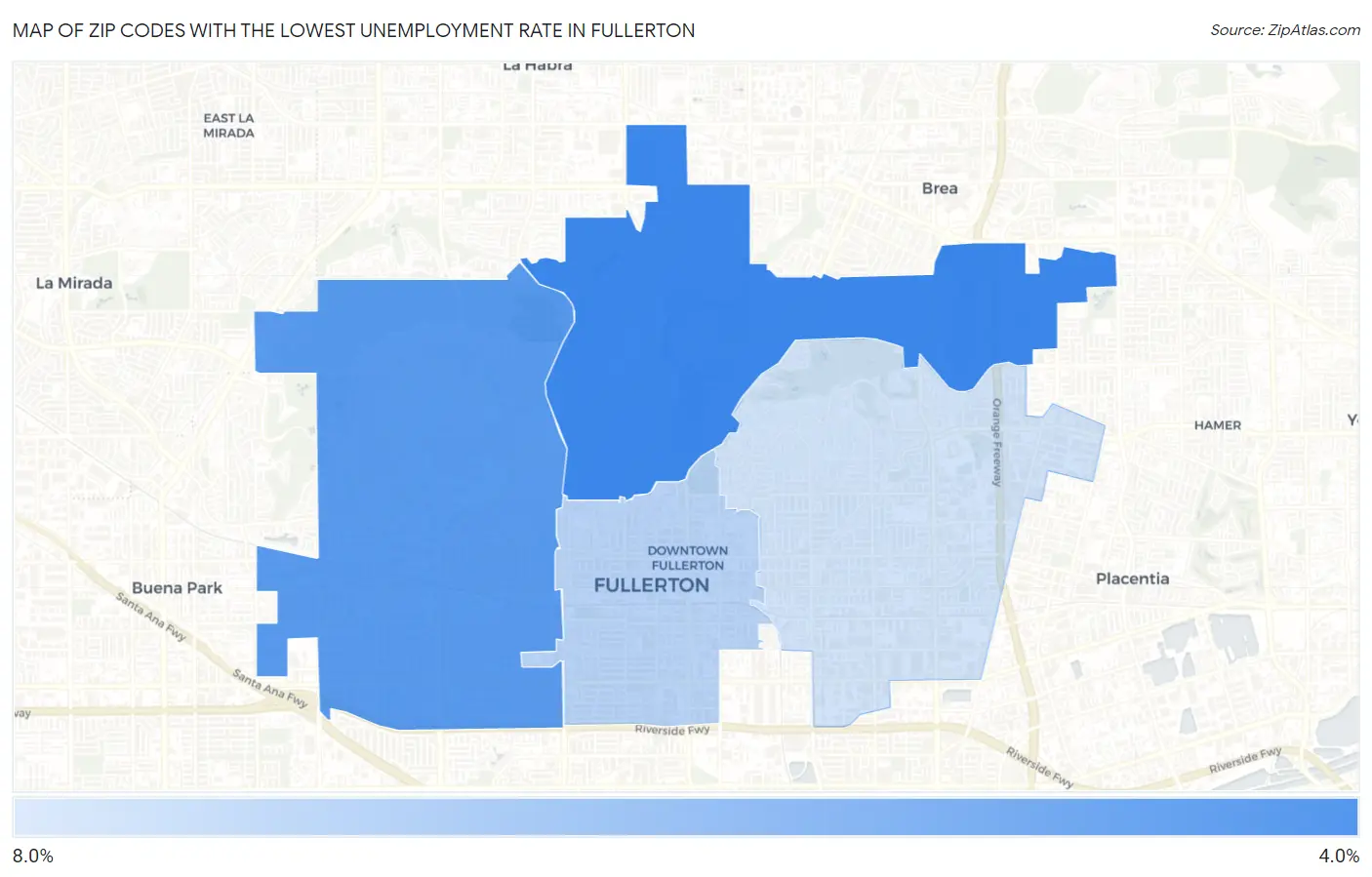 Zip Codes with the Lowest Unemployment Rate in Fullerton Map