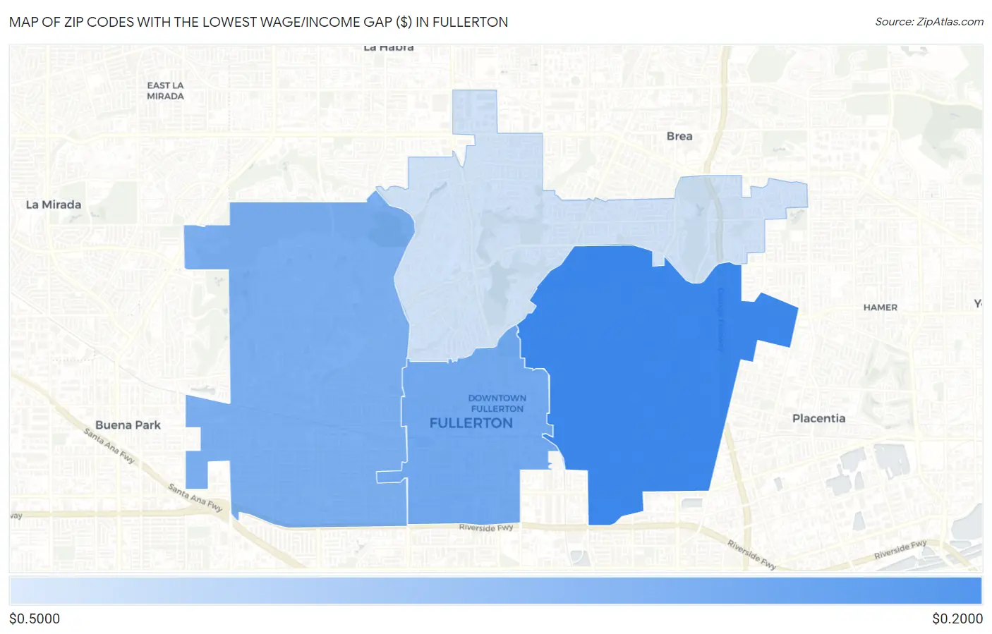 Zip Codes with the Lowest Wage/Income Gap ($) in Fullerton Map