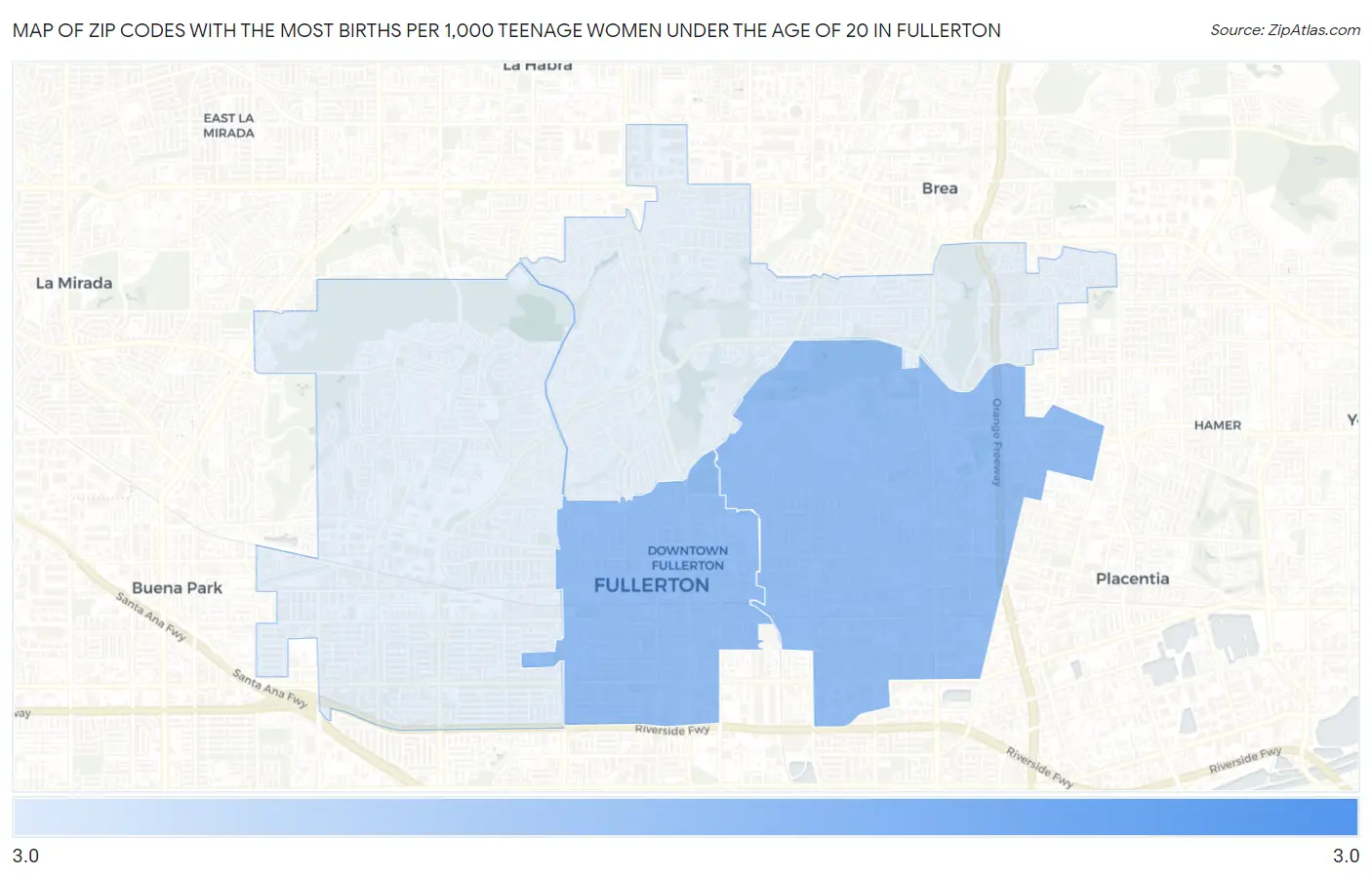 Zip Codes with the Most Births per 1,000 Teenage Women Under the Age of 20 in Fullerton Map